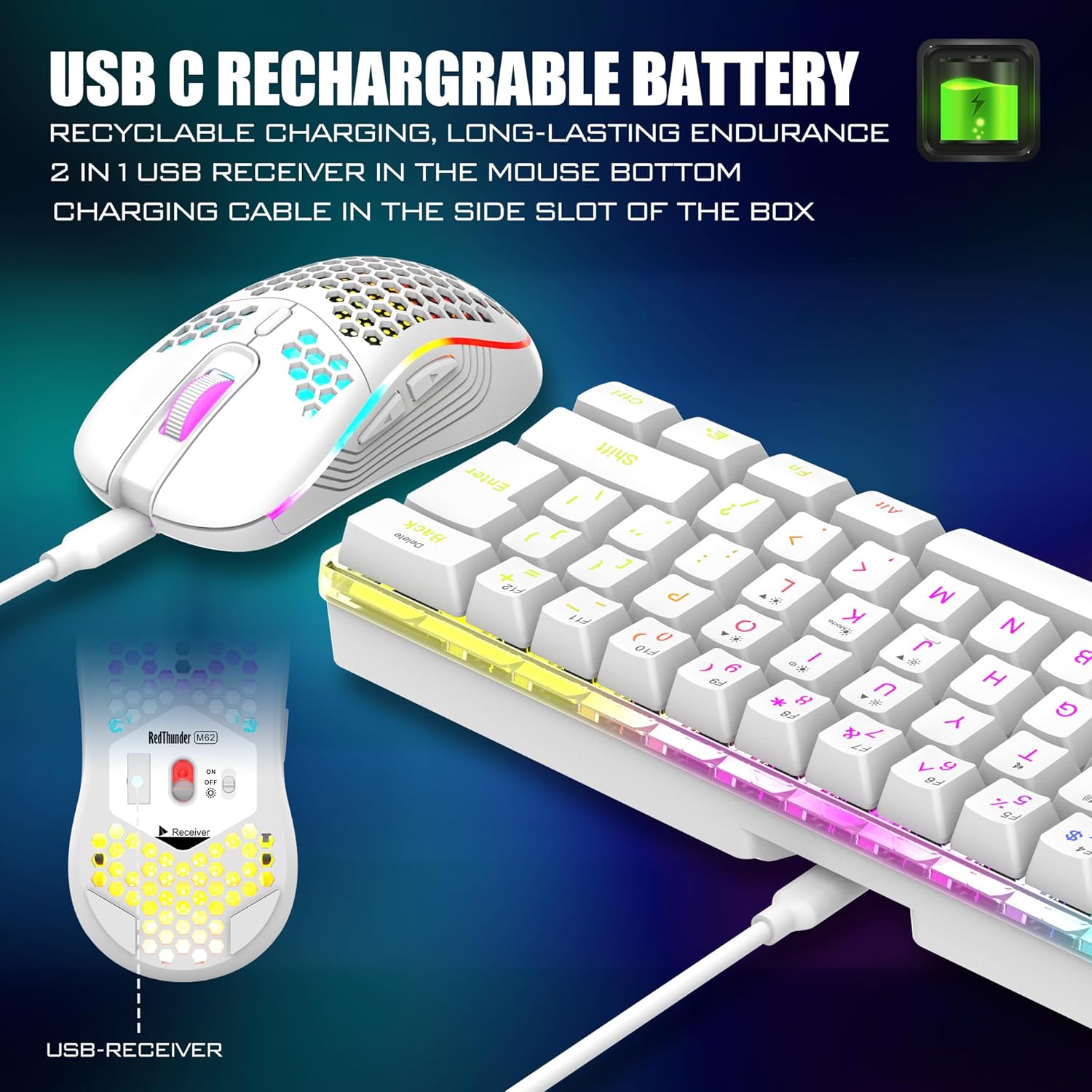 Thumbnail 2 de RedThunder 60% Wireless Gaming Keyboard and Mouse Combo (2.4G) with Rechargeable Battery, White
