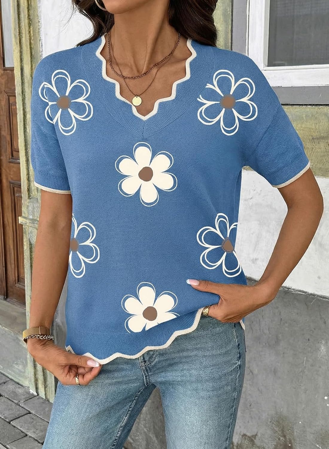 Thumbnail 3 de Dokotoo Women’s V-Neck Short Sleeve Ribbed Knit Sweater Top (Lightweight, Soft)