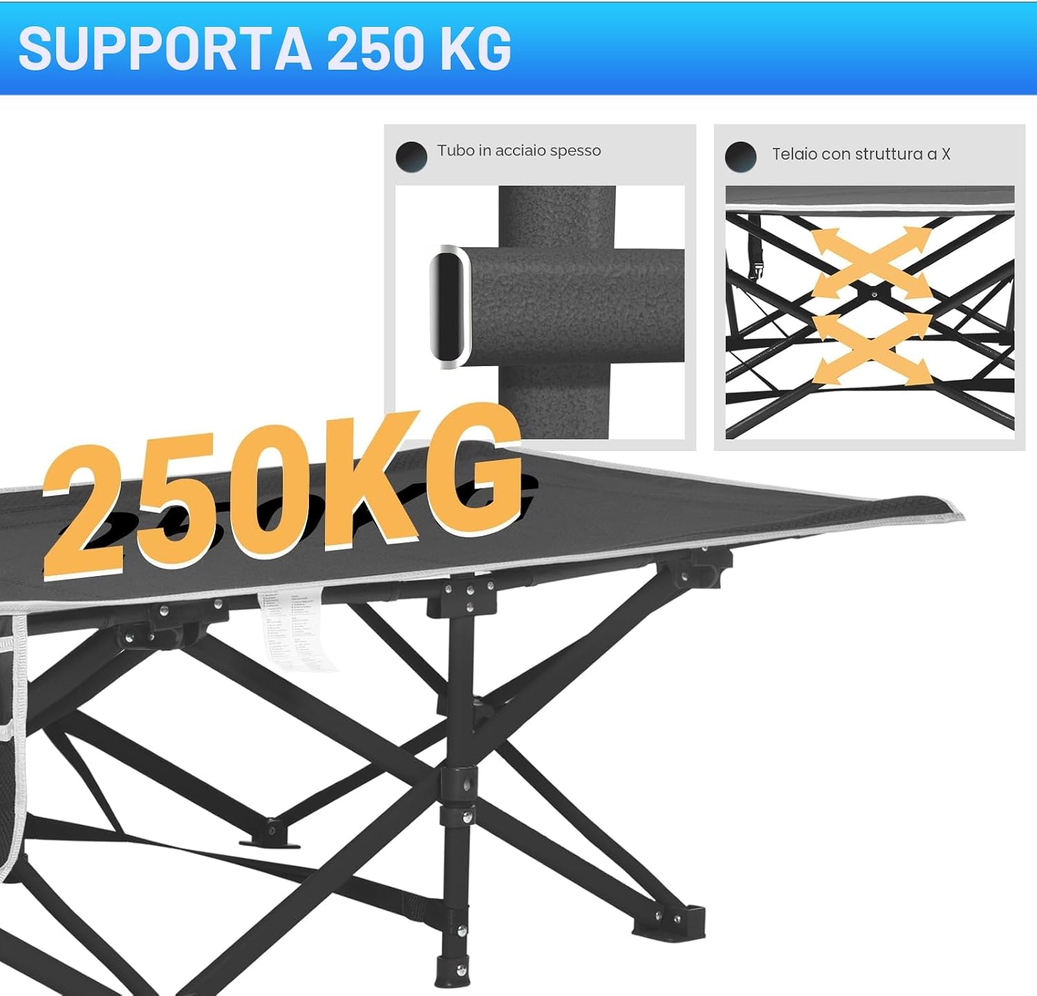 Detalle de OVERMONT Lettino da Campeggio Brandina Pieghevole con Materasso XL – Portatile, 250 kg, Tasche Laterali