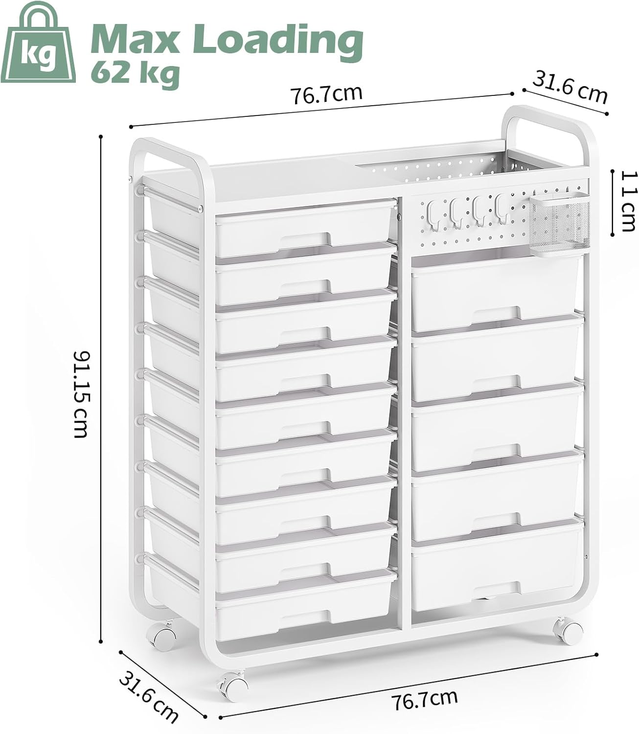 Thumbnail 2 de 14-Drawer Storage Craft Organiser Trolley Cart with DIY Pegboard, Hanging Basket & 4 Hooks (White)