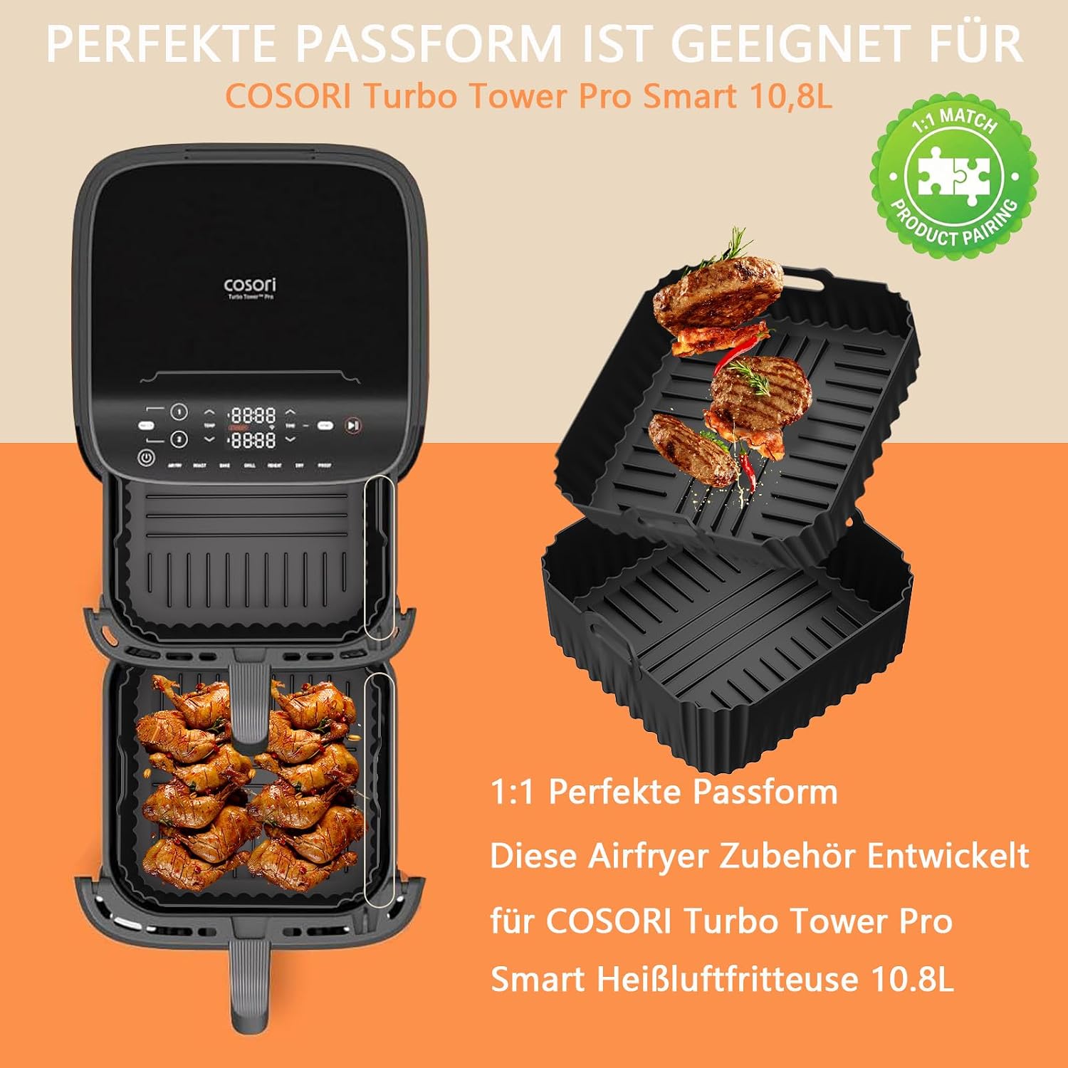 Thumbnail 3 de 18-tlg Heißluftfritteuse-Zubehör für COSORI Turbo Tower Pro Smart 10,8L (Double Stack) – Silikonformen, Grillrost & Backpapier-Set