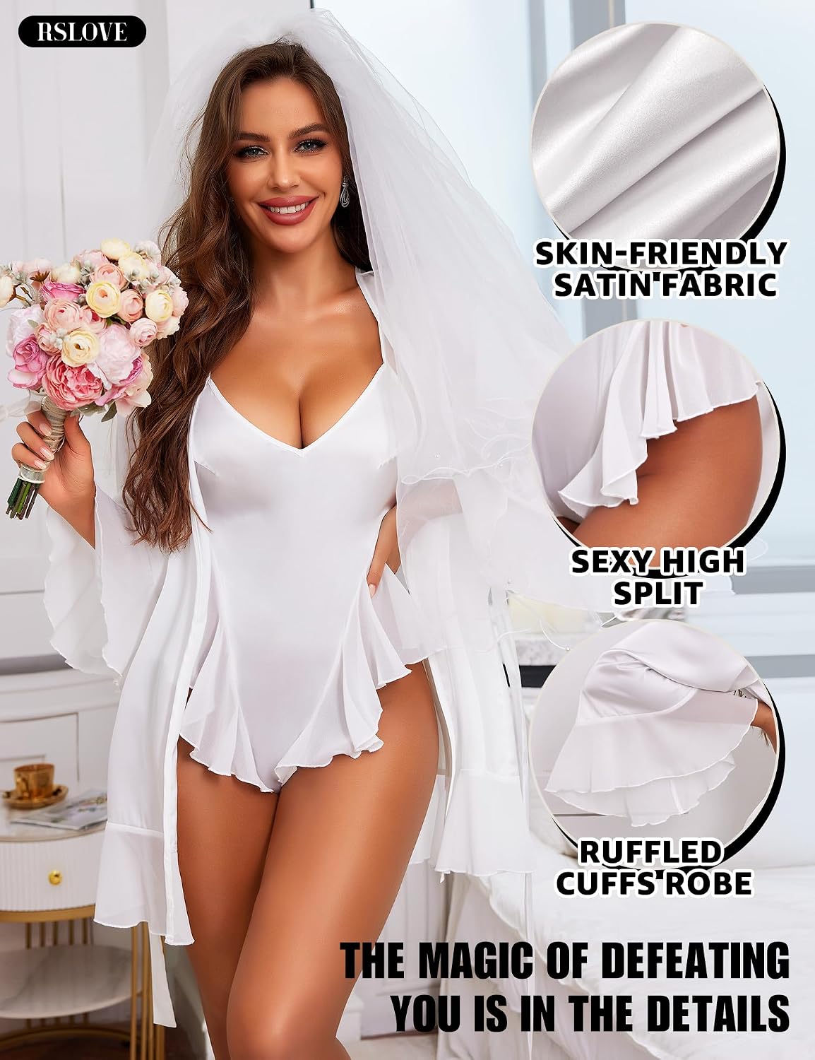 Detalle de RSLOVE Lingerie Sexy Femme : Peignoir Kimono en Satin et Nuisette – Ensemble élégant