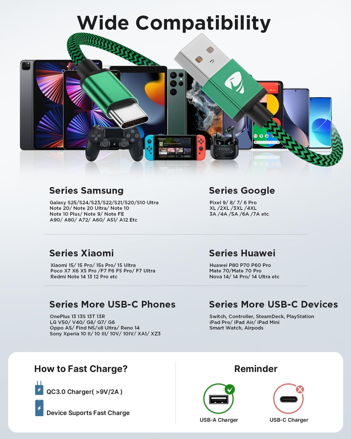 Thumbnail 6 de Yosou USB A to USB C Cable 2m (3-Pack): Braided 3A Fast Charge & Data Sync
