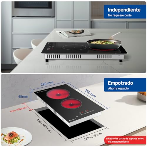 Thumbnail 6 de AMZCHEF Placa Vitrocerámica 2 Fuegos de Sobremesa/Empotrable, 3200W con 9 Niveles y Seguridad Completa