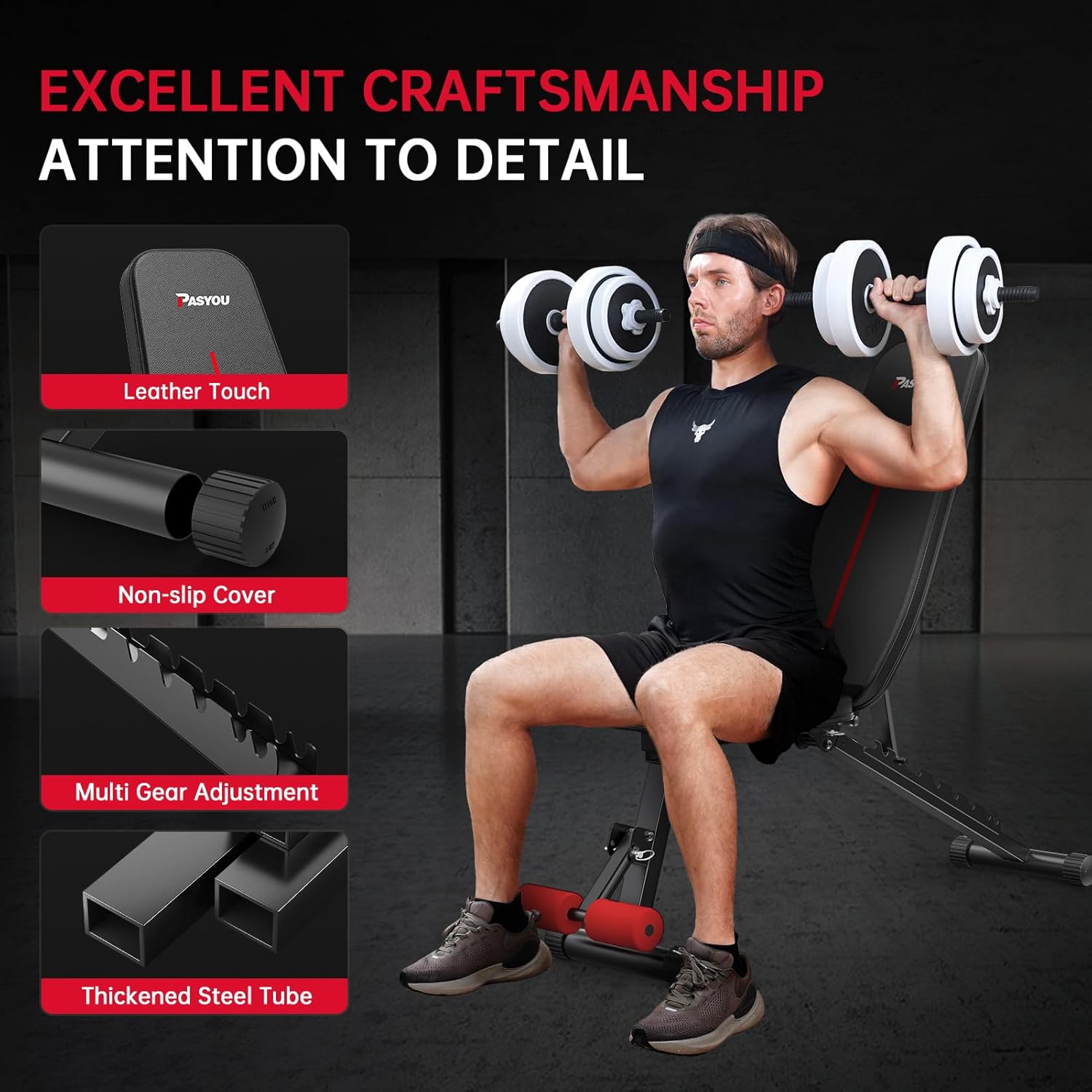 Detalle de PASYOU foldable adjustable weight bench (decline, incline and flat) for gym workouts at home