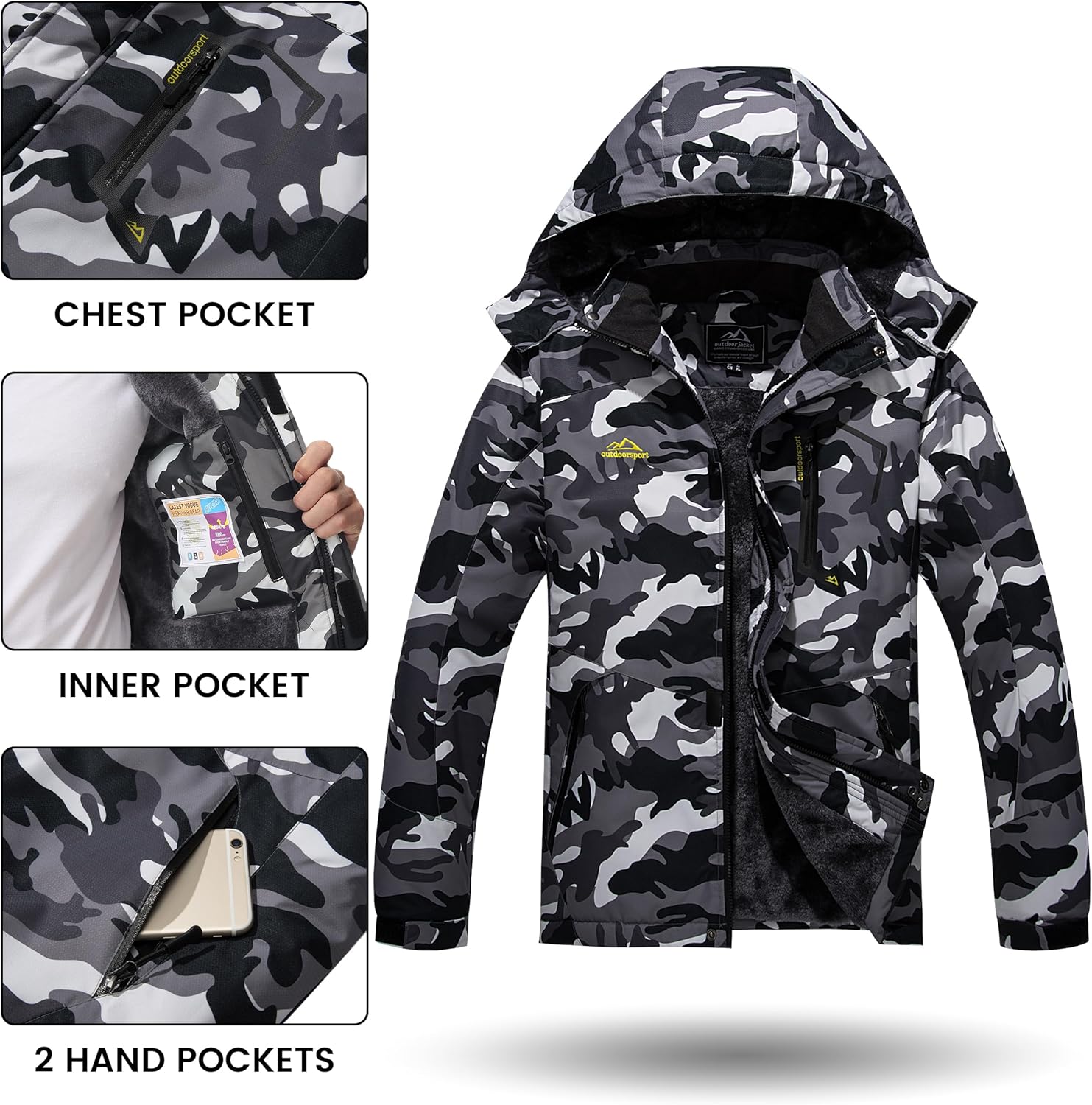 Detalle de TACVASEN Men’s Winter Skiing Jacket (Water-Resistant Fleece Lining, Insulated, Detachable Hood)