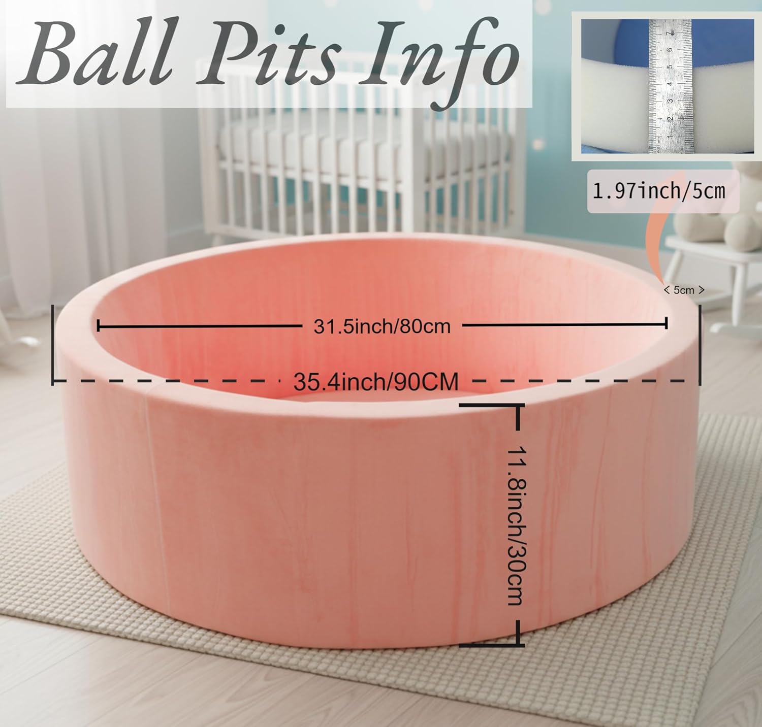 Thumbnail 1 de Foam Baby Ball Pit (35.4 x 11.8 in) Memory Sponge with Zip-Off Cover, Pink—Balls Not Included