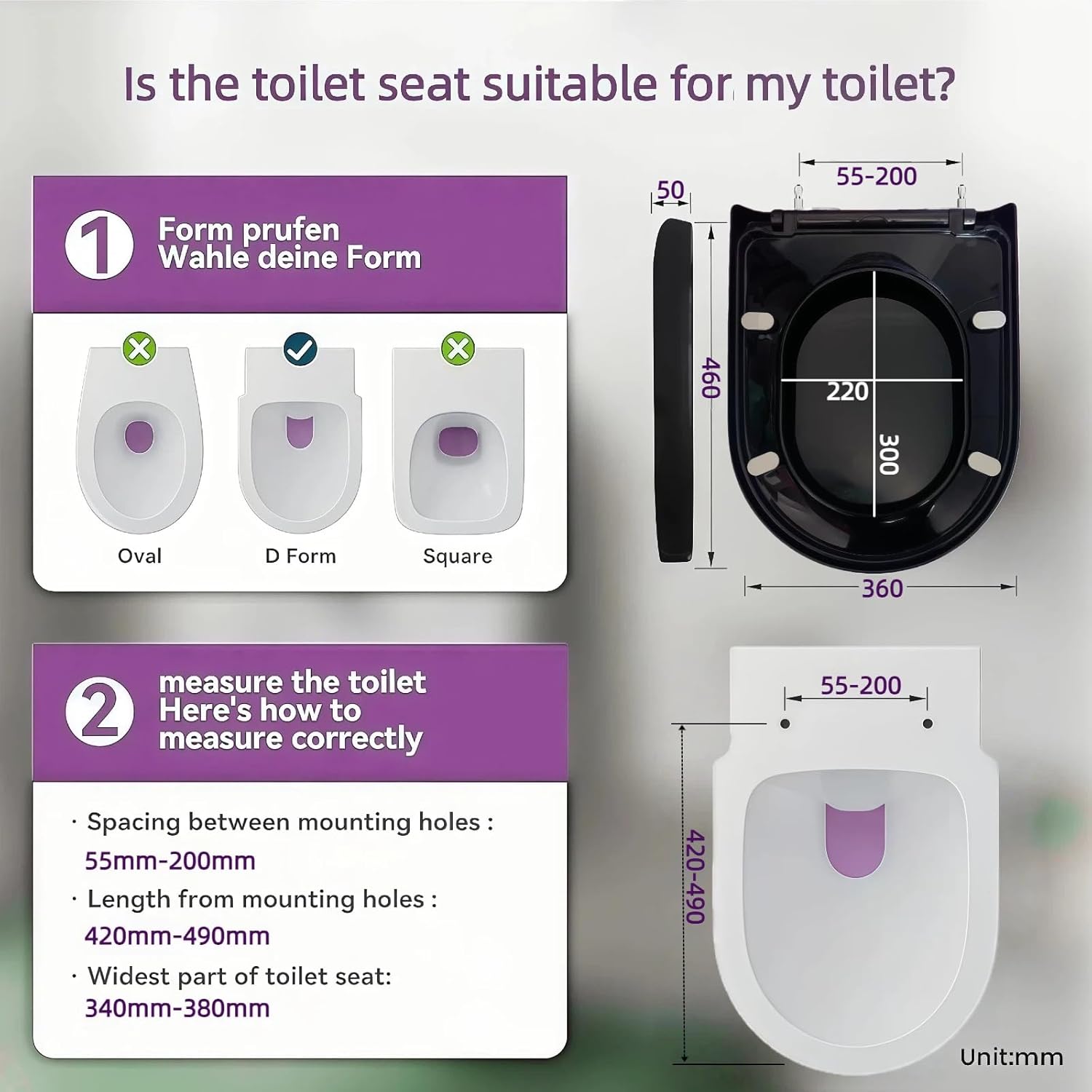 Thumbnail 1 de Solng Aldoih D-shaped Soft Close Toilet Seat in Black with One Button Hinge Release