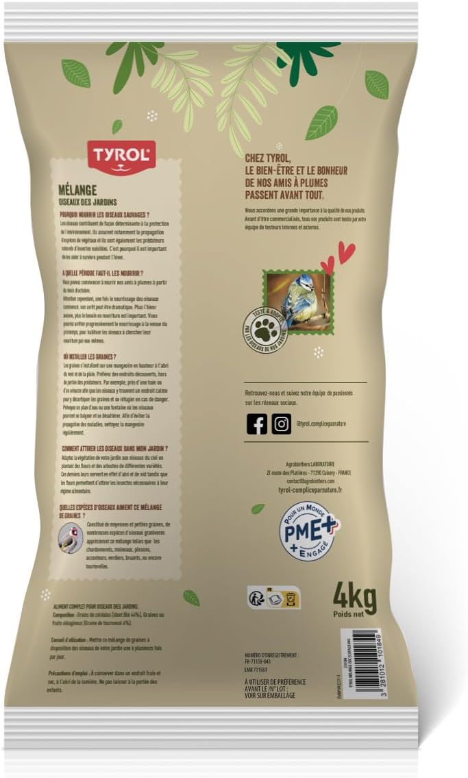 Detalle 2 de TYROL – Mélange de graines pour oiseaux du ciel et sauvages (4 kg) : nourriture d’extérieur