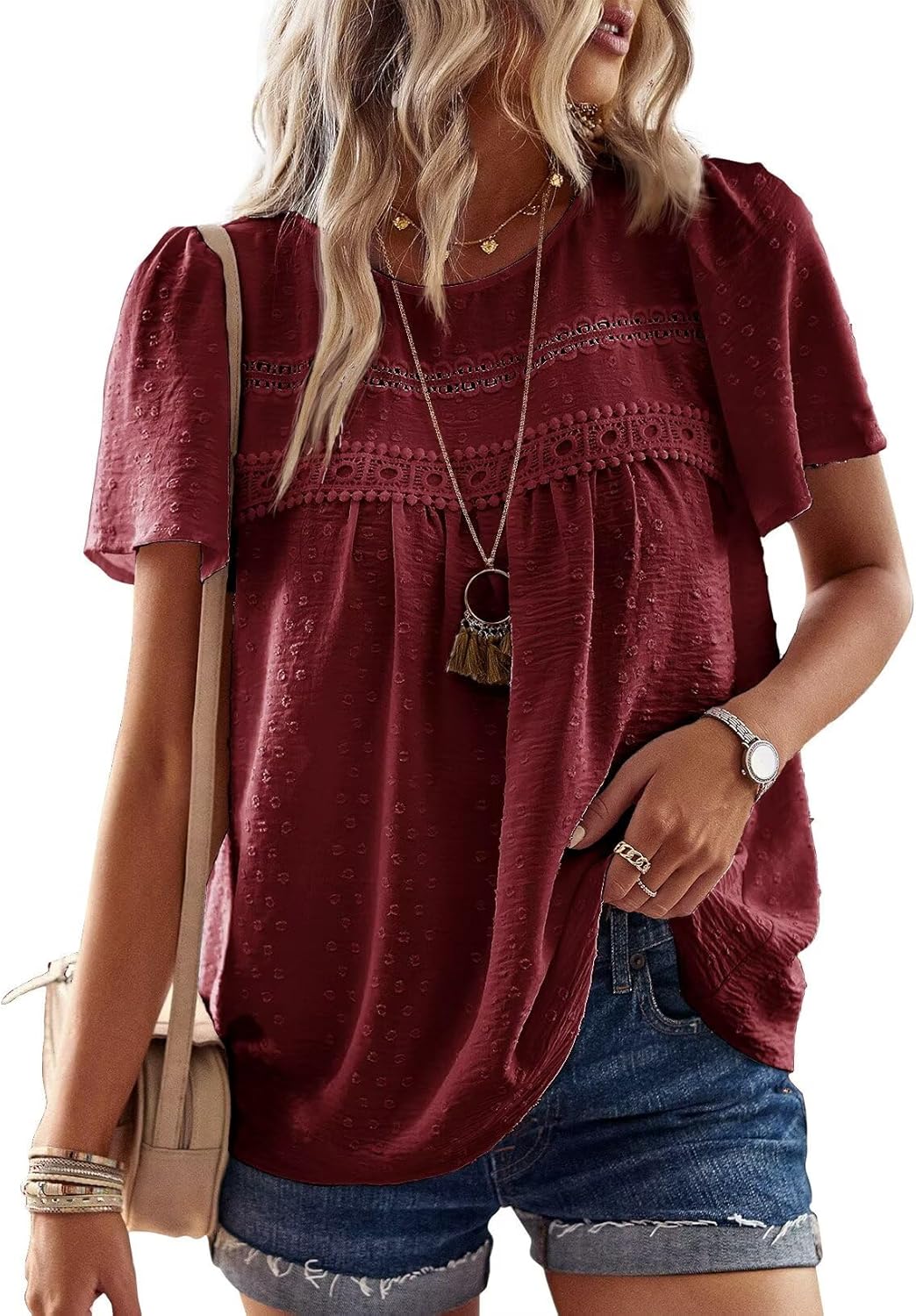 Thumbnail 6 de TUUHAW Damen Boho-Bluse mit Rundhalsausschnitt, Kurzarm und Häkelspitzen-Rändern