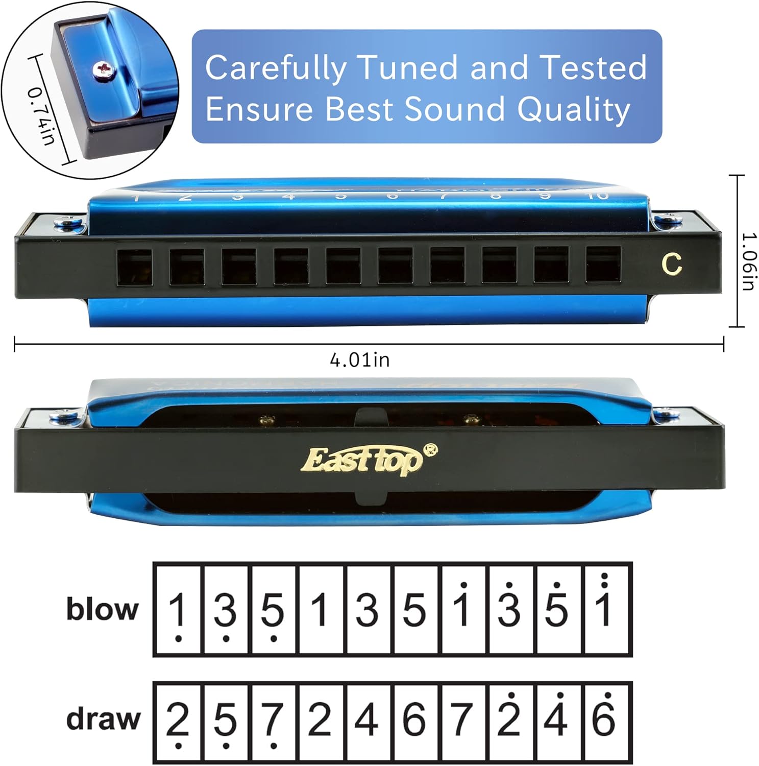 Thumbnail 3 de East Top Mundharmonika Blau 10 Löcher – Professionelle Diatonic Blues Harmonica in C