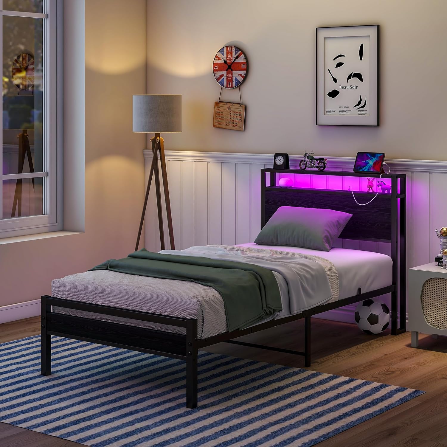 Detalle de HOJINLINERO Telaio per letto 90x200 cm in metallo e legno con scomparti, ricarica USB e LED