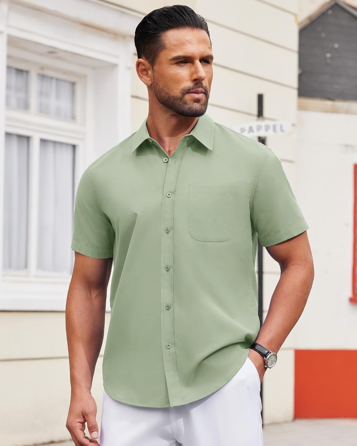 Thumbnail 2 de Alimens & Gentle Men’s Short Sleeve Wrinkle-Free Button-Down Dress Shirt (Untucked Casual)