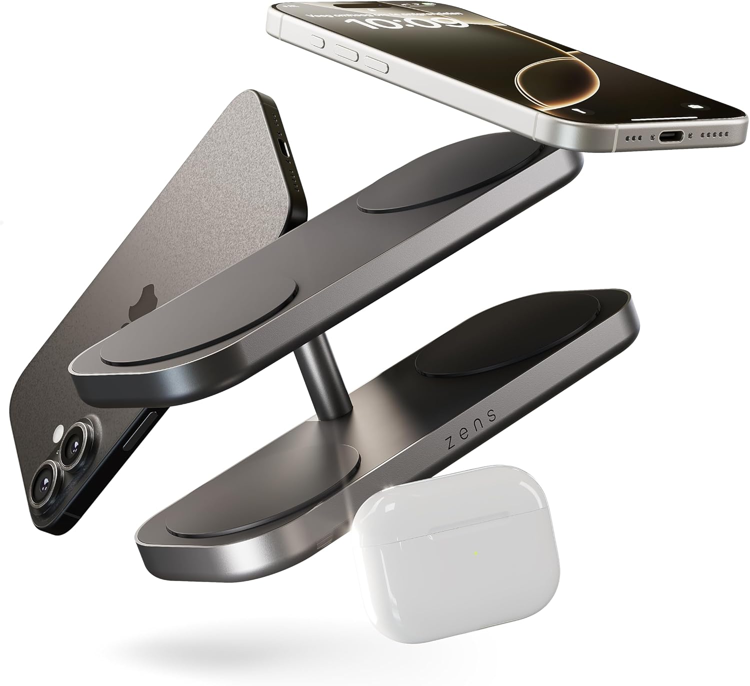 Detalle de Zens Quattro Wireless Charger Pro 4: hub di ricarica MagSafe e Qi2 a 15 W per iPhone, 65 W di alimentazione integrata