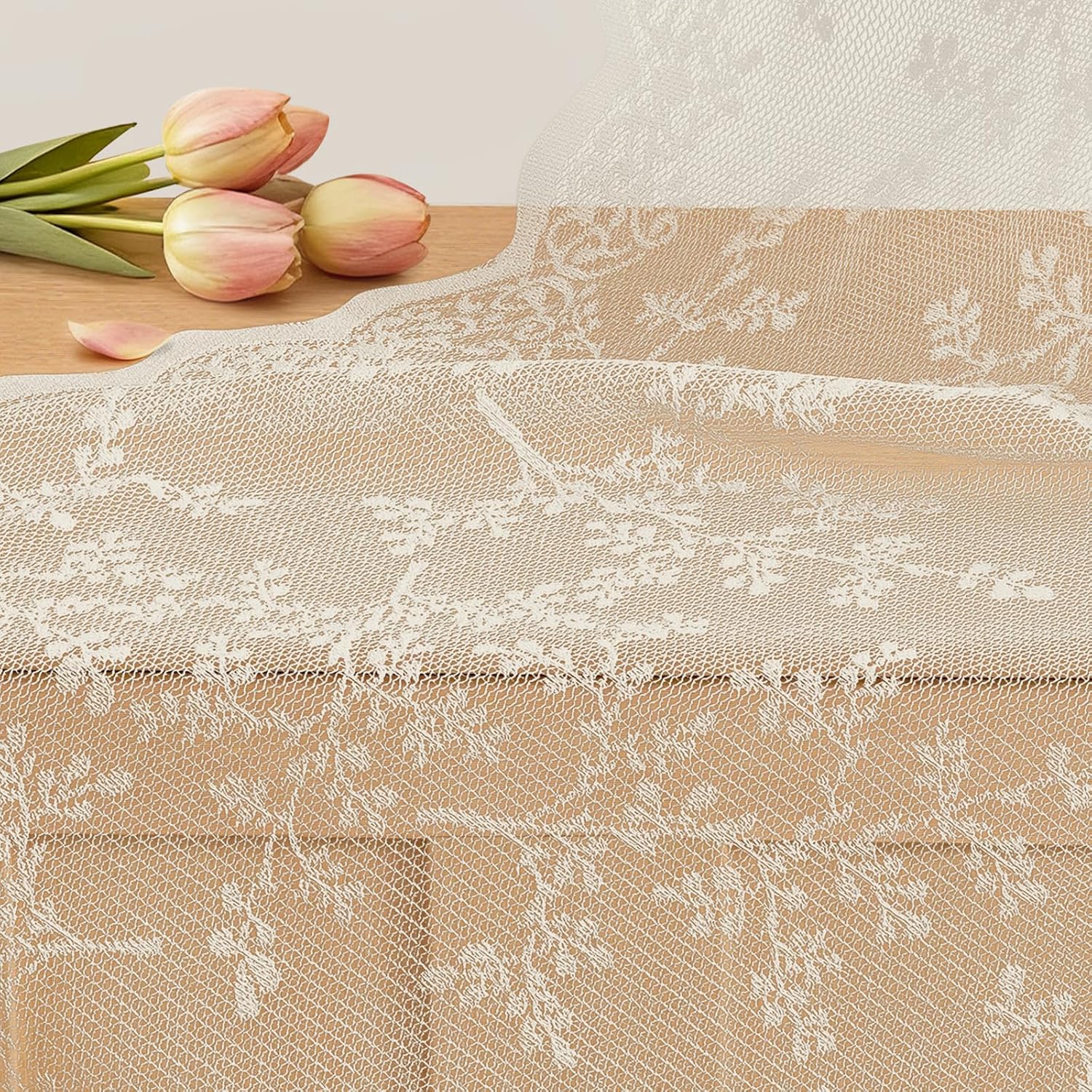 Detalle de YSTELLAA rideaux semi-transparents en voilage, lot de 2 pièces 70x240 cm, pour tringle passe-tringle (beige)