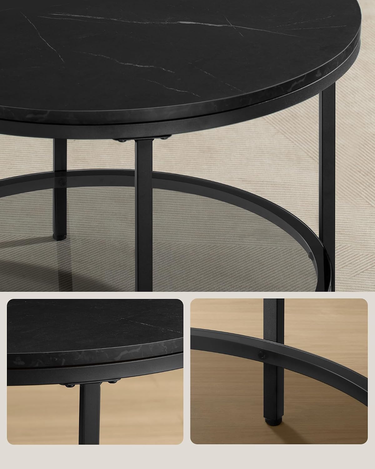 Thumbnail 5 de VASAGLE LCT072B58 salontafel met marmerlook, glazen legplank en stalen poten