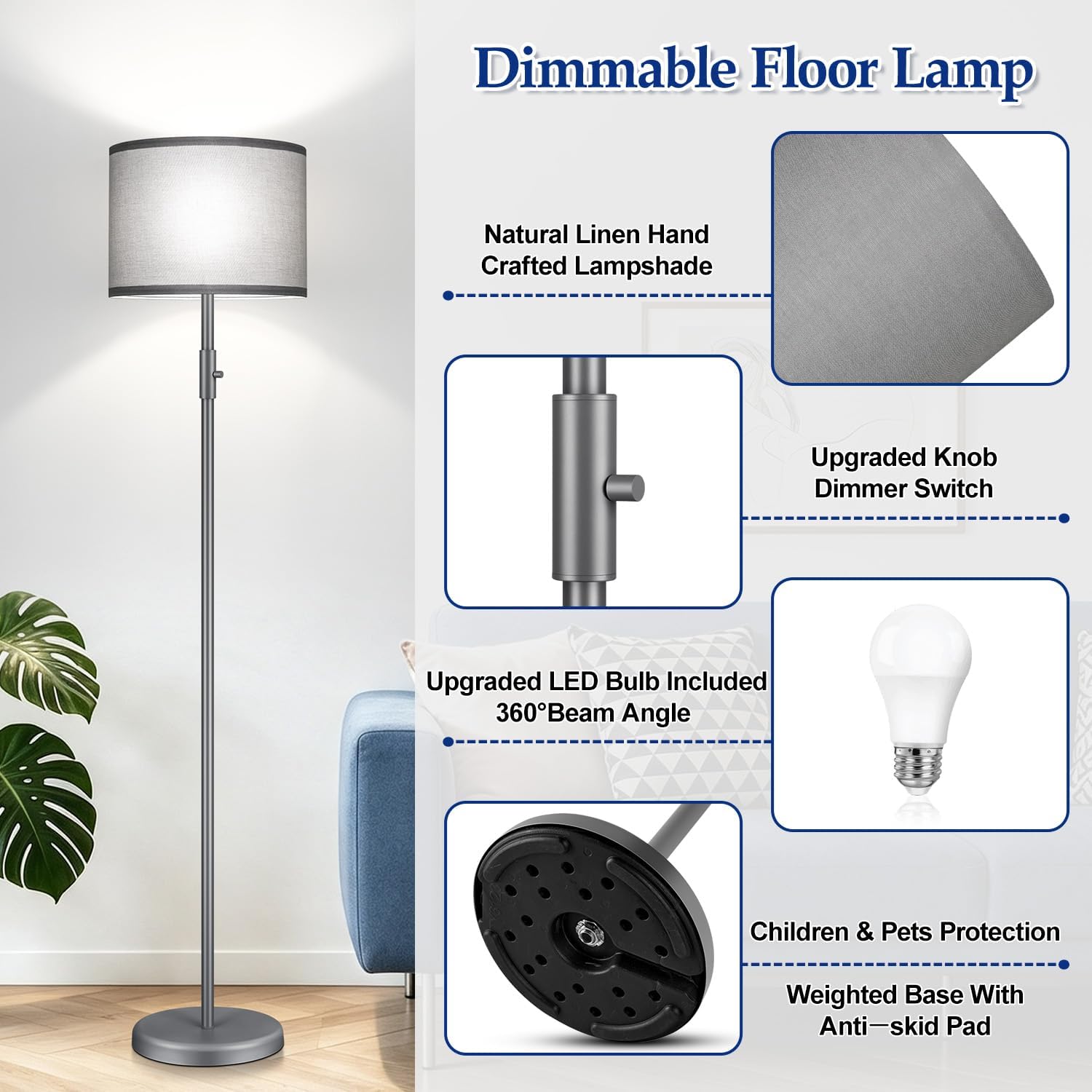 Detalle 1 de Dimmable Floor Lamp with Shade, 1000 Lumens