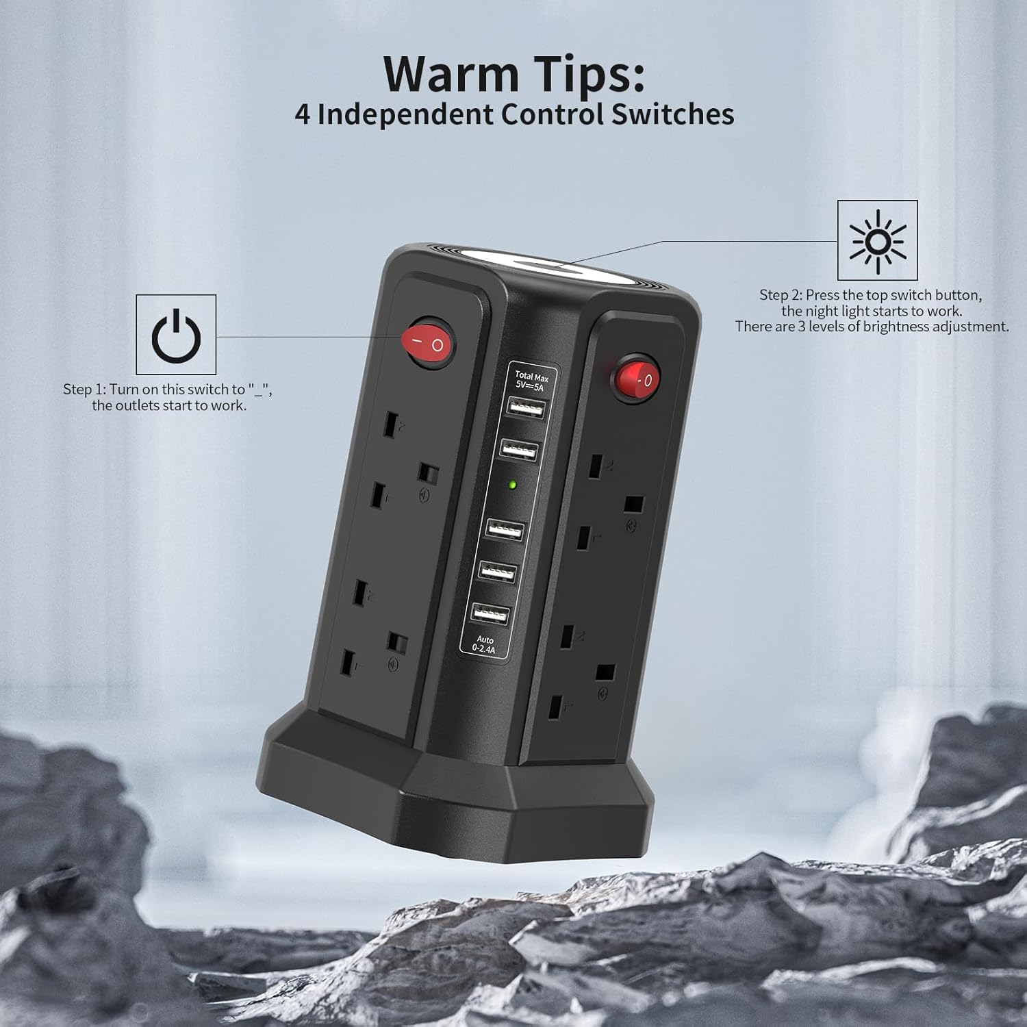 Thumbnail 5 de Tower Extension Lead 8‑way 5 USB 3250W surge protector 🔌