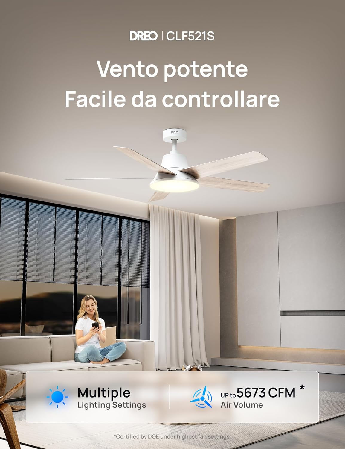 Thumbnail 1 de DREO ventilatore da soffitto smart 132 cm con luce LED, 12 velocità e controllo via app/Alexa