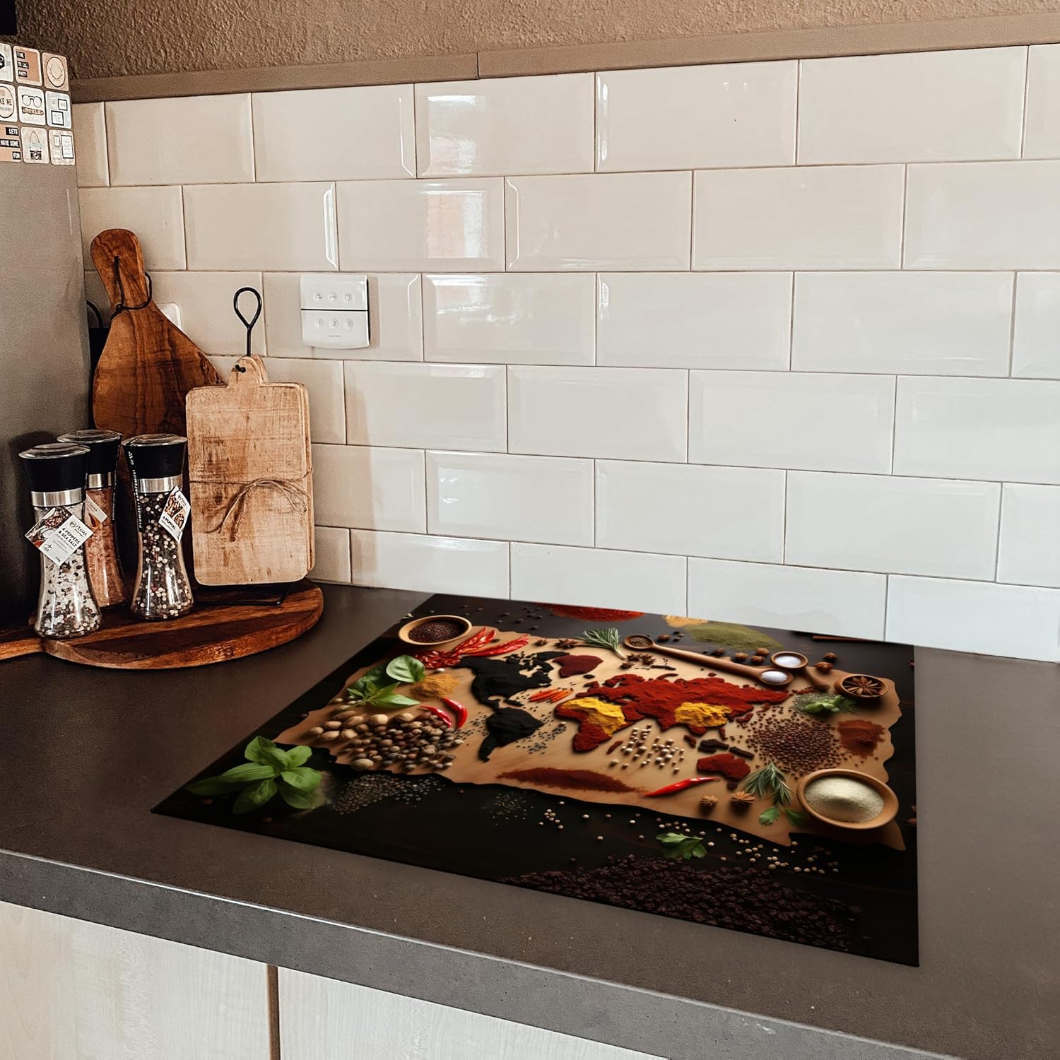 Thumbnail 4 de KitchenYeah Herdabdeckplatte Induktion - 59x51 cm Braun mit Welken-Kräuter-Weltkarte Fotodruck