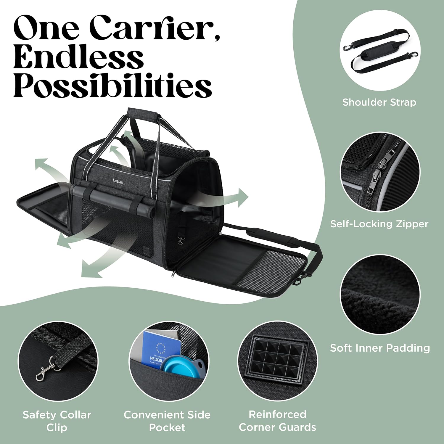 Detalle 2 de Lesure Foldable Cat Carrier for Travel – Stable Soft Sided Carrier with Mesh, 43.5x29.5x34cm (Black)