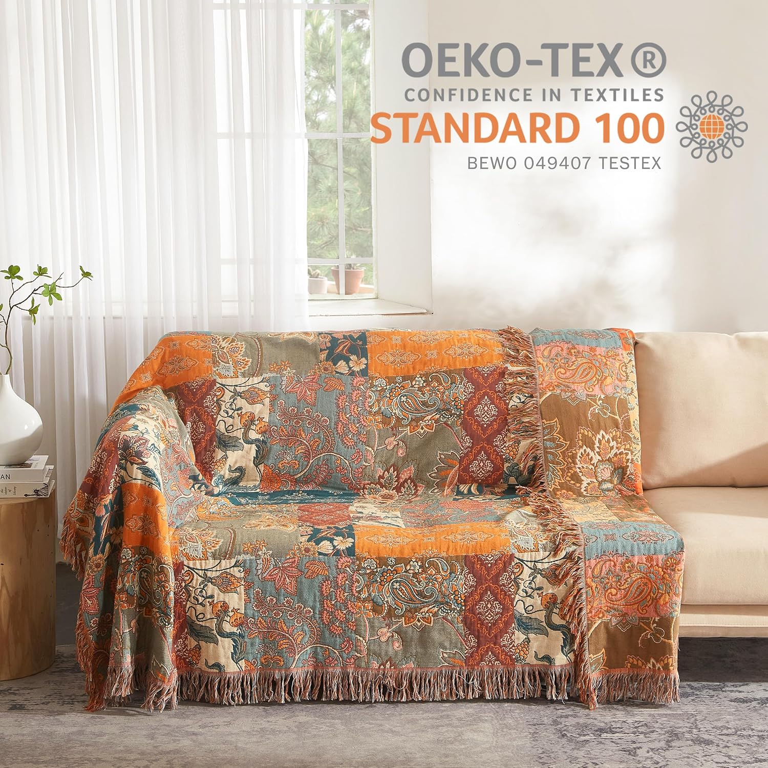 Detalle 2 de SE SOFTEXLY Boho Throw Blanket, Queen Size 80” x 90”, 4-Layer Cotton Muslin