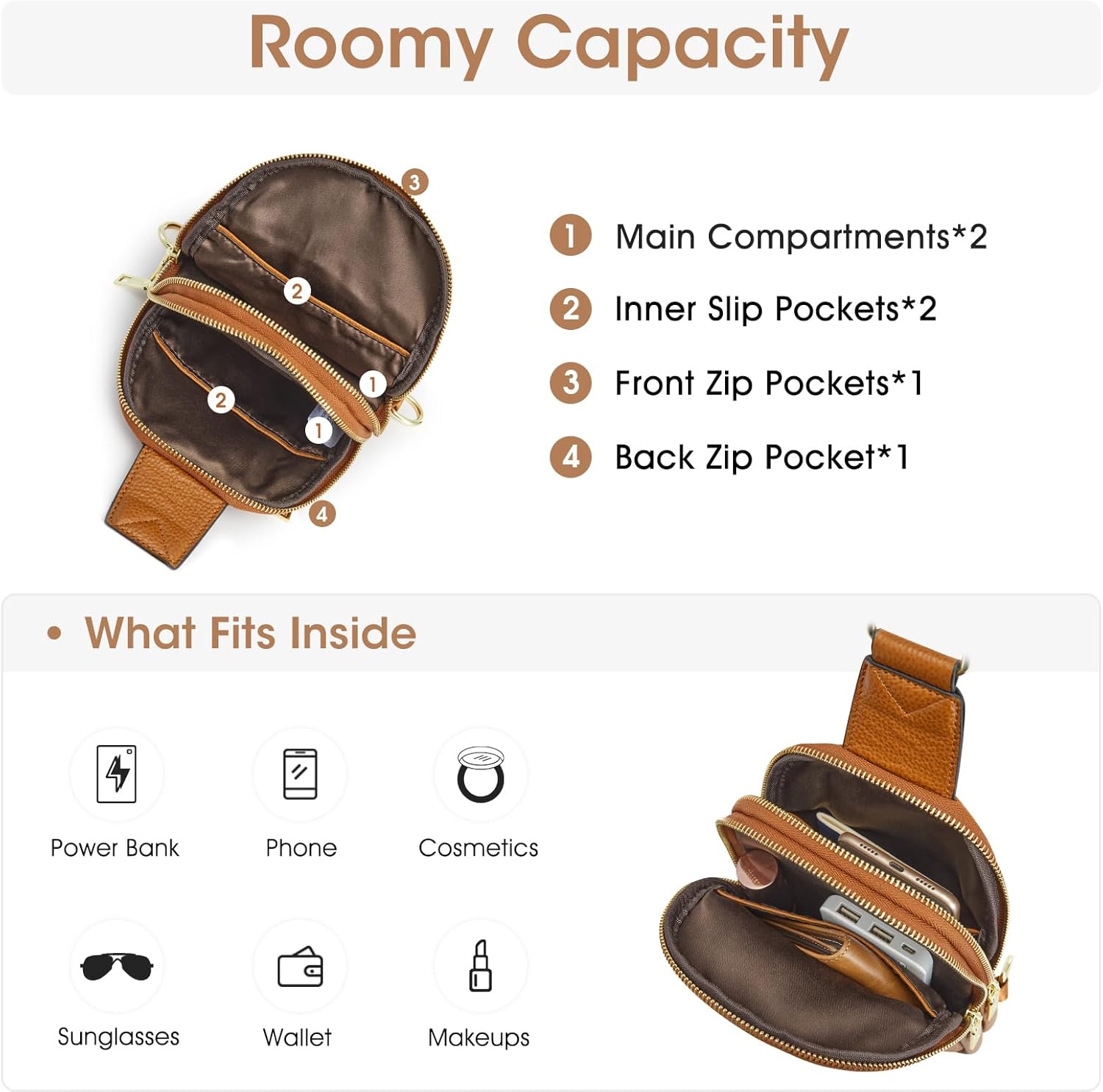 Detalle de Kattee Petit sac à bandoulière en cuir véritable pour femme – sac banane polyvalent