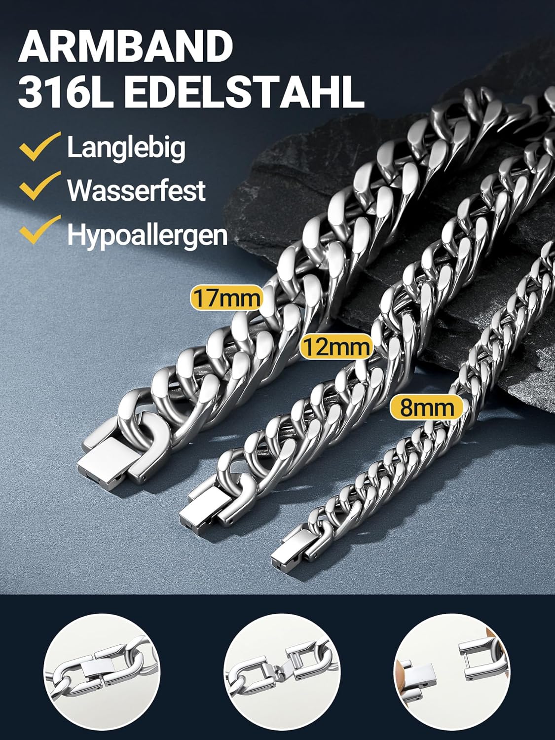 Thumbnail 3 de PROSTEEL Herren Armband Edelstahl/18k vergoldet – Schwarz Panzerkette, 8 mm, 19/21/23 cm