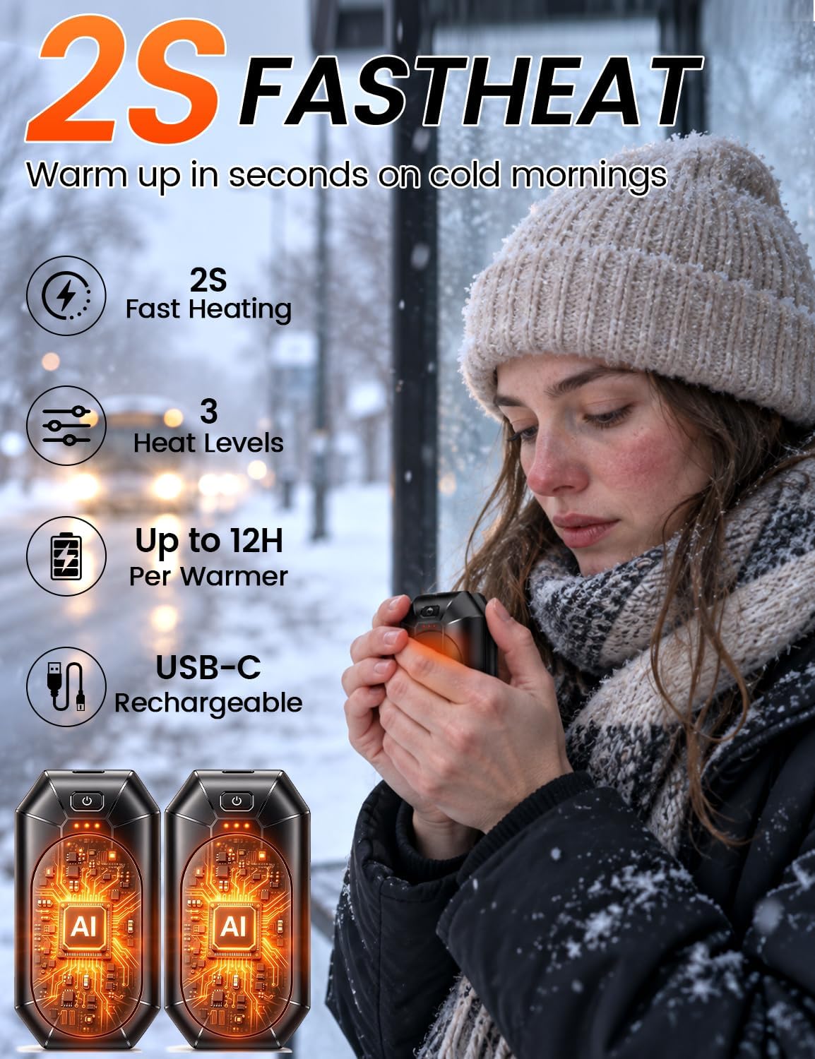 Detalle de FYTSE Rechargeable Hand Warmers, 2-Pack with 3 Heat Levels and USB Charging