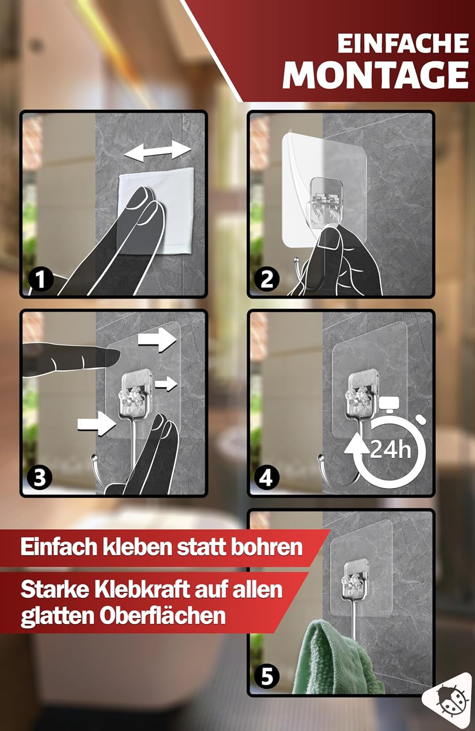 Thumbnail 5 de Menz Klebehaken extra stark (15 kg), 10er-Set – transparente, selbstklebende Haken mit 180° Drehfunktion