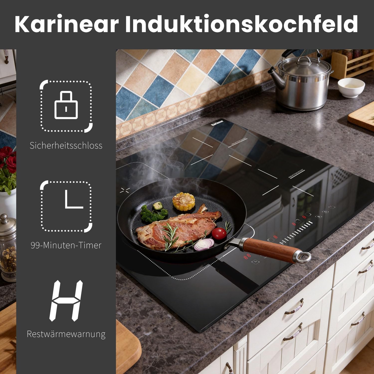 Thumbnail 2 de Karinear Induktionskochfeld 4 Zonen (7200 W) mit Flexzone, 60 cm autark – Schieberegler, Boost & Timer