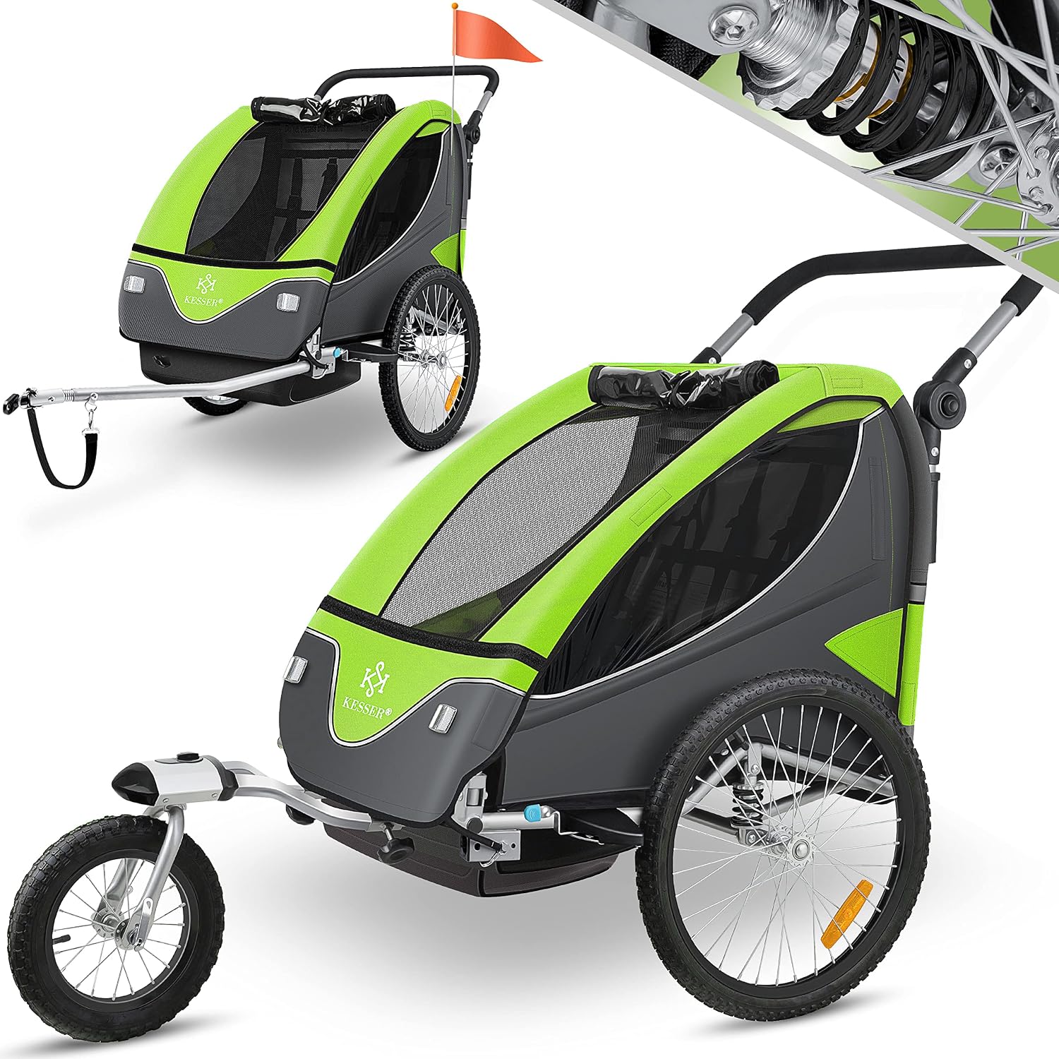 Detalle de KESSER Kinderfahrradanhänger 360° drehbar (2in1 Joggerfunktion) mit Federung und 5-Punkt-Gurt, inkl. Warnfahne