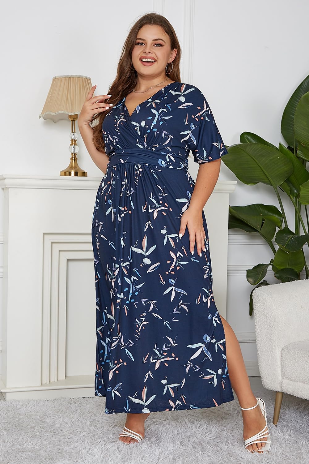 Thumbnail 6 de Keluummi Women's Plus Size Floral Maxi Dress with V-Neck, 3/4 Sleeves and Pockets