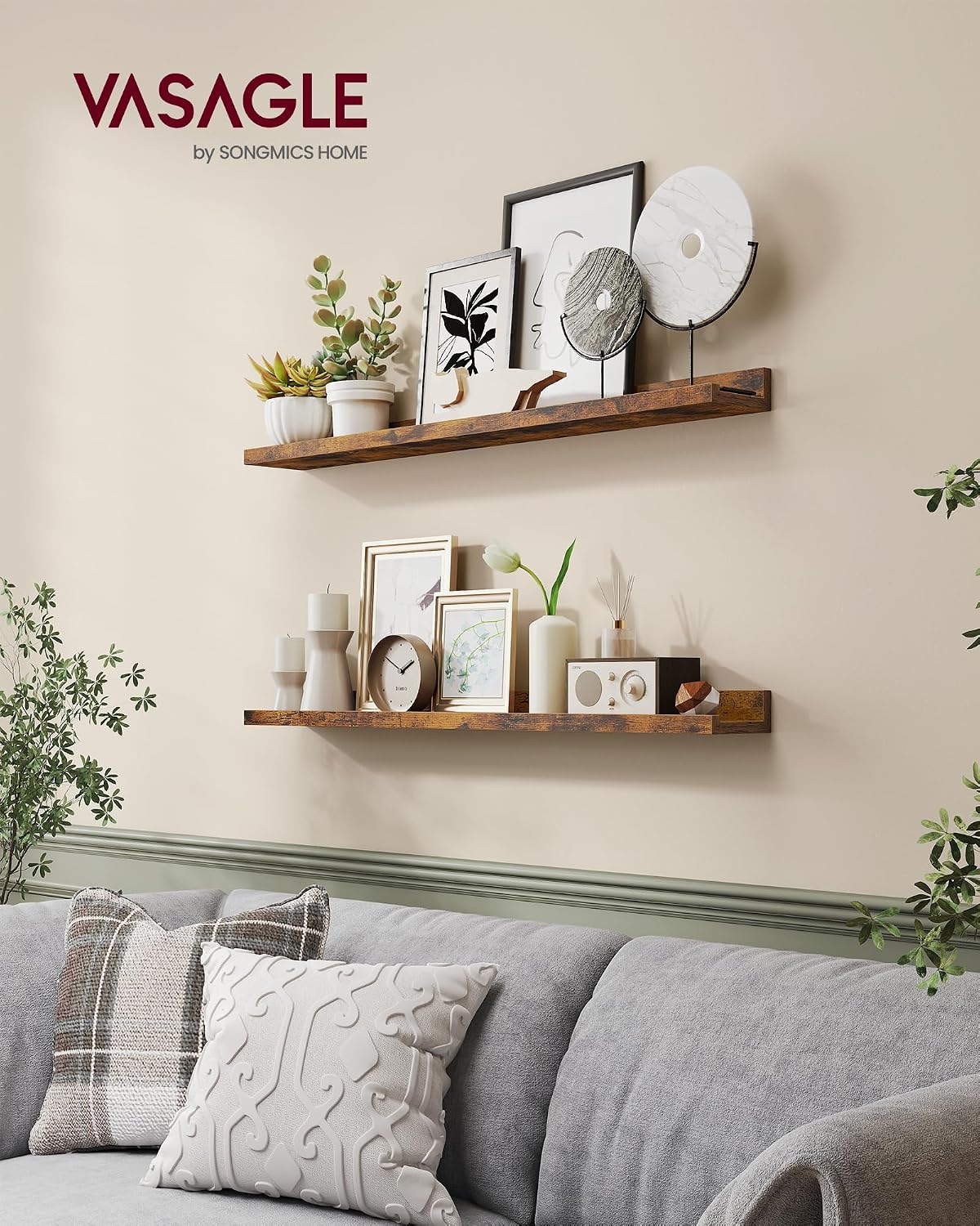 Detalle 2 de VASAGLE LWS084K01 Floating Wall Shelves, Set of 2, 80 cm, Vintage Brown