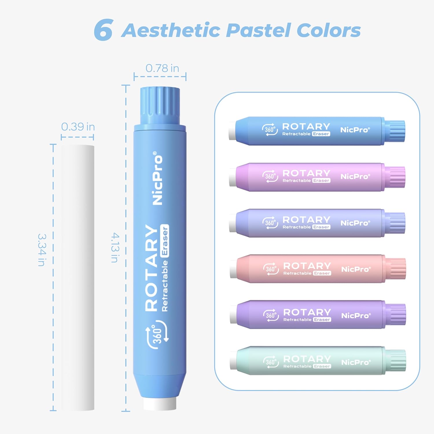 Detalle de Nicpro 6-Pack Retractable Erasers, Soft TPE with Twist-Up Design