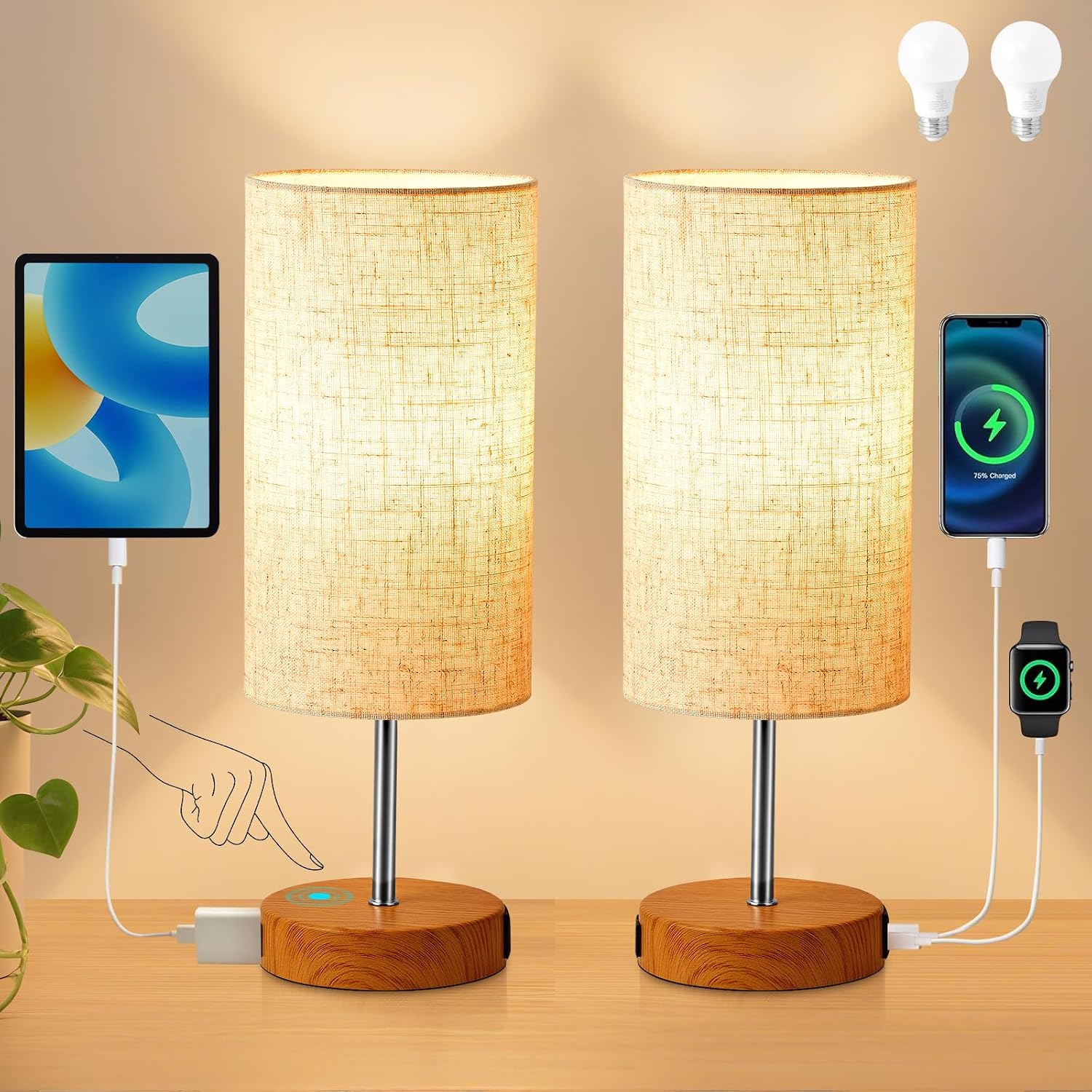 Detalle de SANGFOR XLGZ-T1-003 Touch Table Lamps Set of 2, USB Charging, 3-Way Dimming