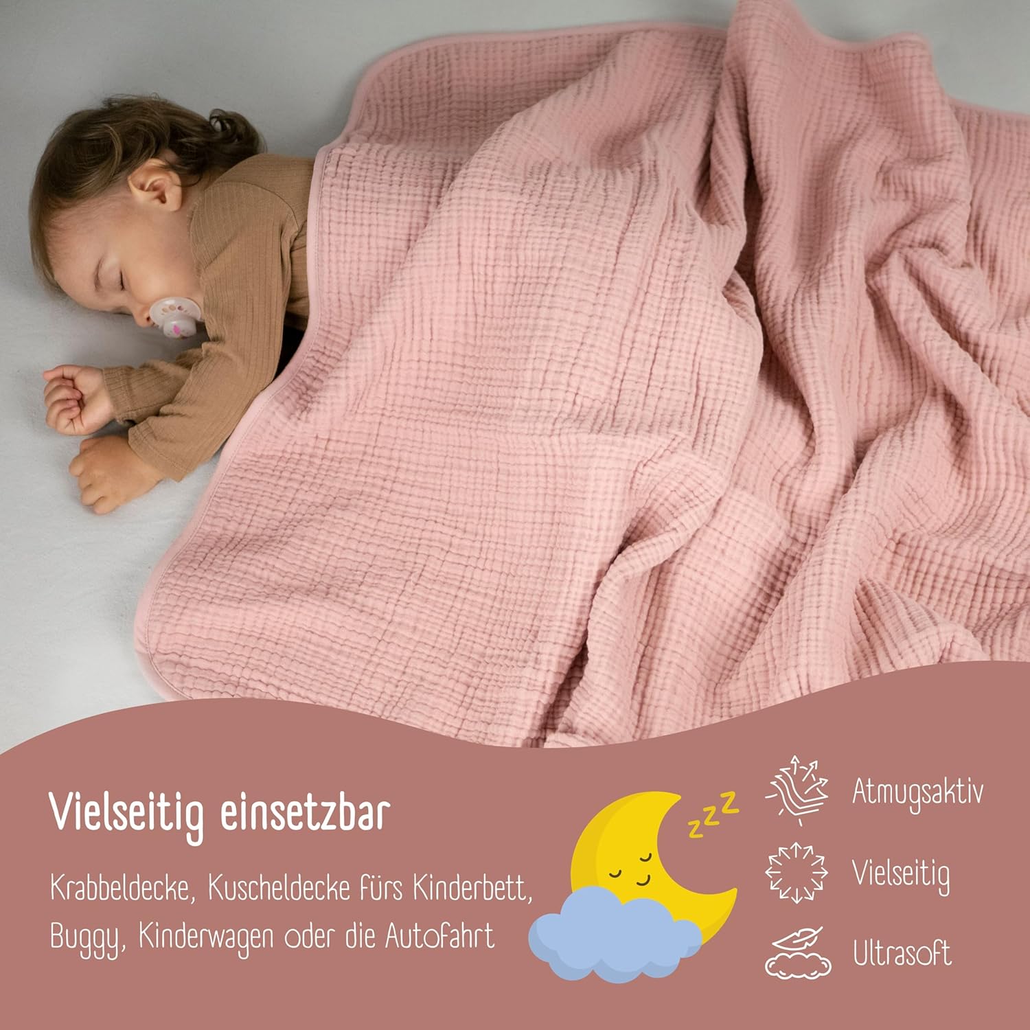 Thumbnail 5 de BEARFOOT Babydecke Musselin-Fleece (Baumwolle/Fleece) in Dusty Rose – 2-seitig für Neugeborene