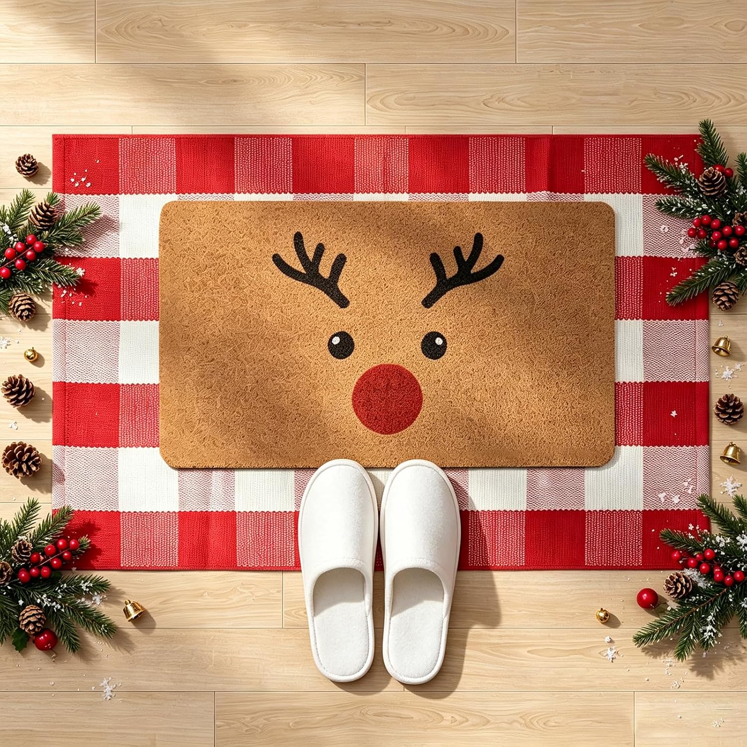 Detalle de PIXFAIRY Christmas Layered Doormat Set, Reindeer Coir and Red Plaid Cotton
