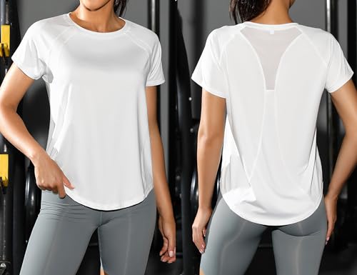 Detalle de Gyabnw Camiseta Deportiva de Mujer de Manga Corta con Espalda de Malla (Blanco)