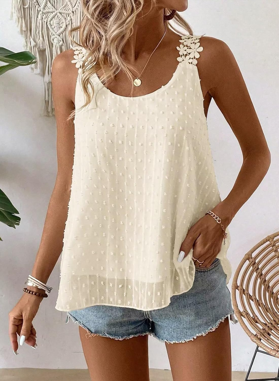 Thumbnail 5 de Womens Boho Flowy Sleeveless Tank Top with Lace Straps - Casual Crewneck Camisole