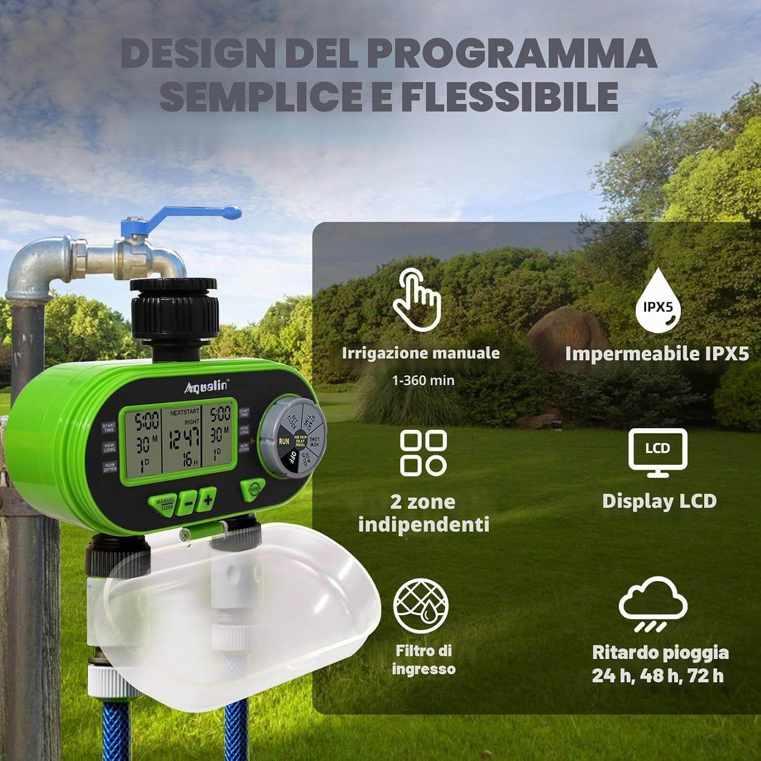 Detalle 2 de Aqualin Centralina Irrigazione 2 vie con orologio da giardino e schermo LCD