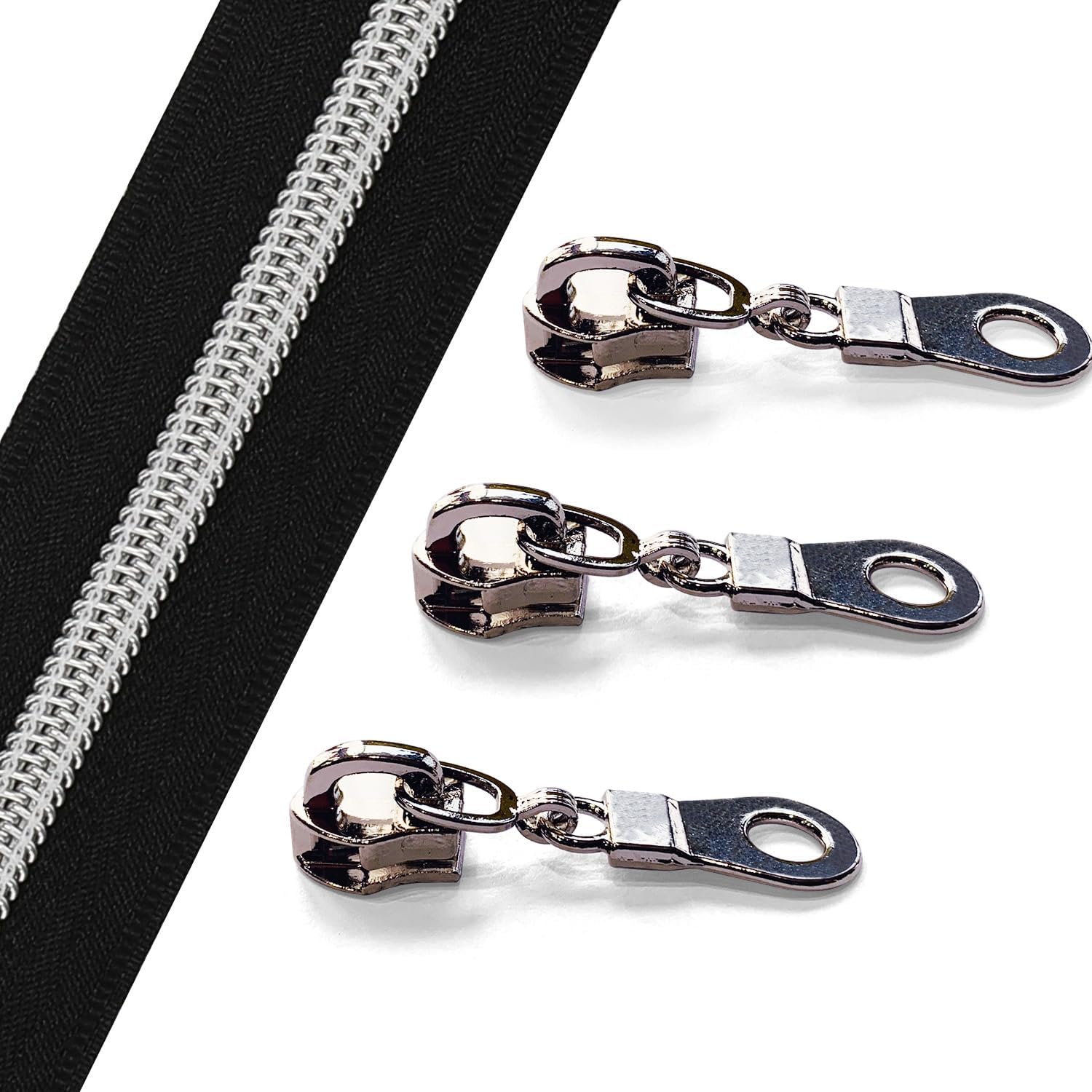 Detalle de Sawoake 10-Yard Bulk #5 Nylon Coil Zipper with 10 Sliders – Black with Silver Teeth