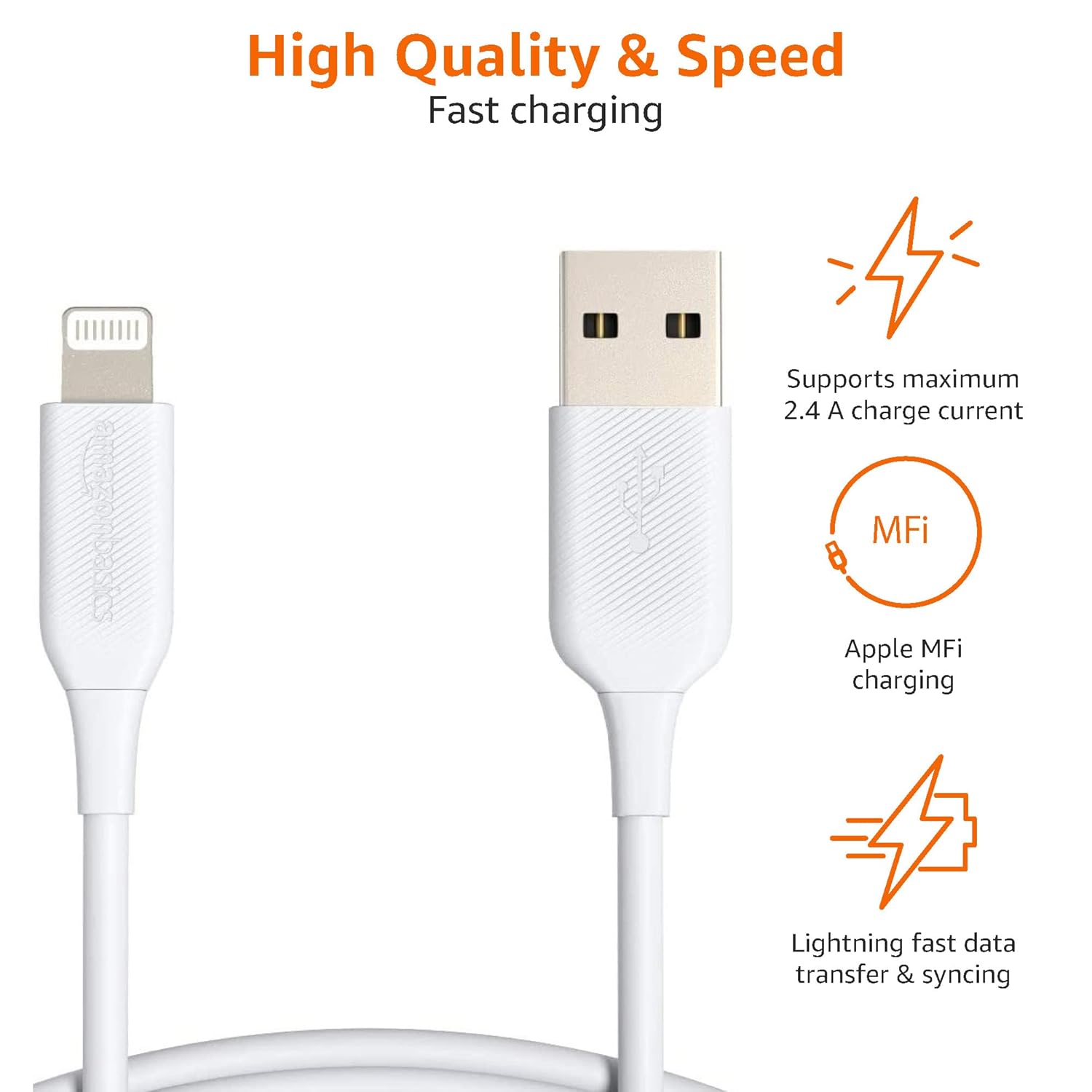 Detalle de Amazon Basics USB-A to Lightning ABS Charger Cable – 0.9 m, Pack of 2, MFi Certified