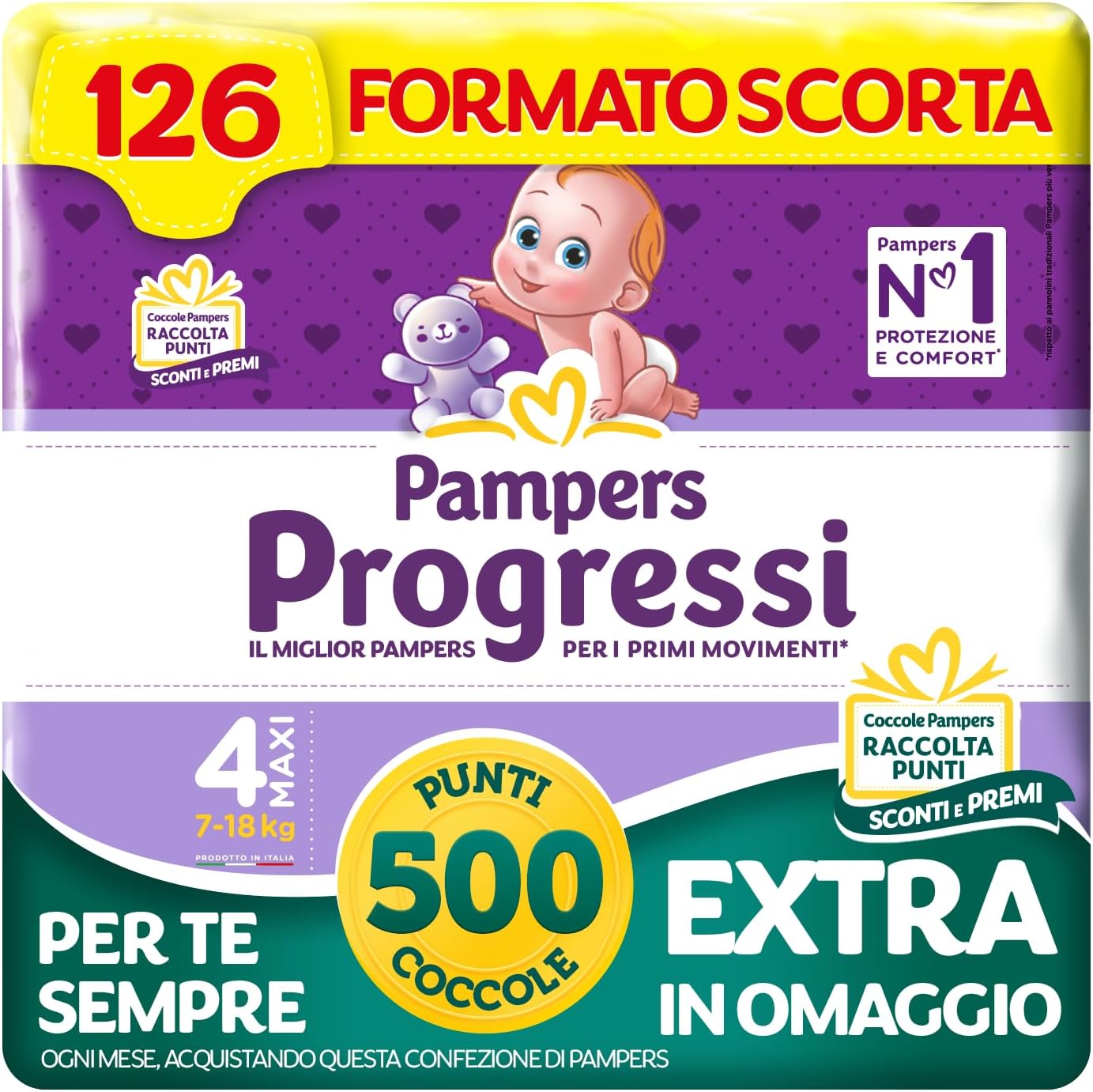Detalle de Pampers Progressi Maxi Taglia 4 (7-18 kg) – Formato Scorta con Indicatore di Bagnato, Pelli Delicate e 500 Punti Omaggio