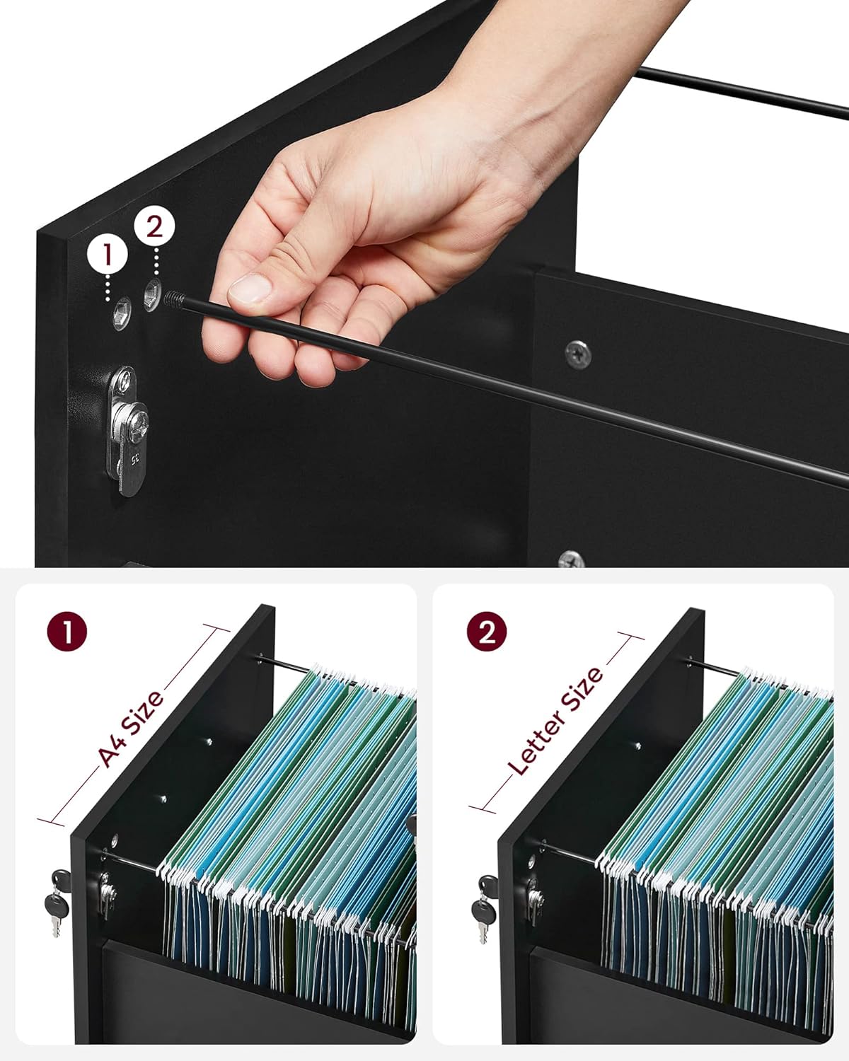 Thumbnail 6 de VASAGLE Rollcontainer abschließbar mit 2 Schubladen und 5 Rollen – verstellbare Hängestangen, A4/Letter, Tintenschwarz LCD22BV1