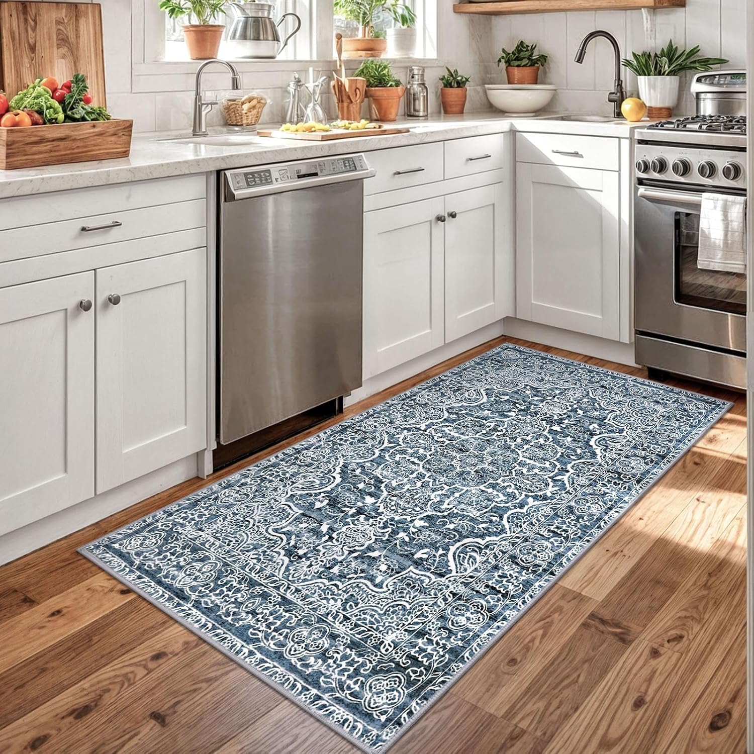 Detalle 2 de KUTA 3x5 Entryway Rug (Blue White Vintage Floral) Non-Slip, Washable Low-Pile