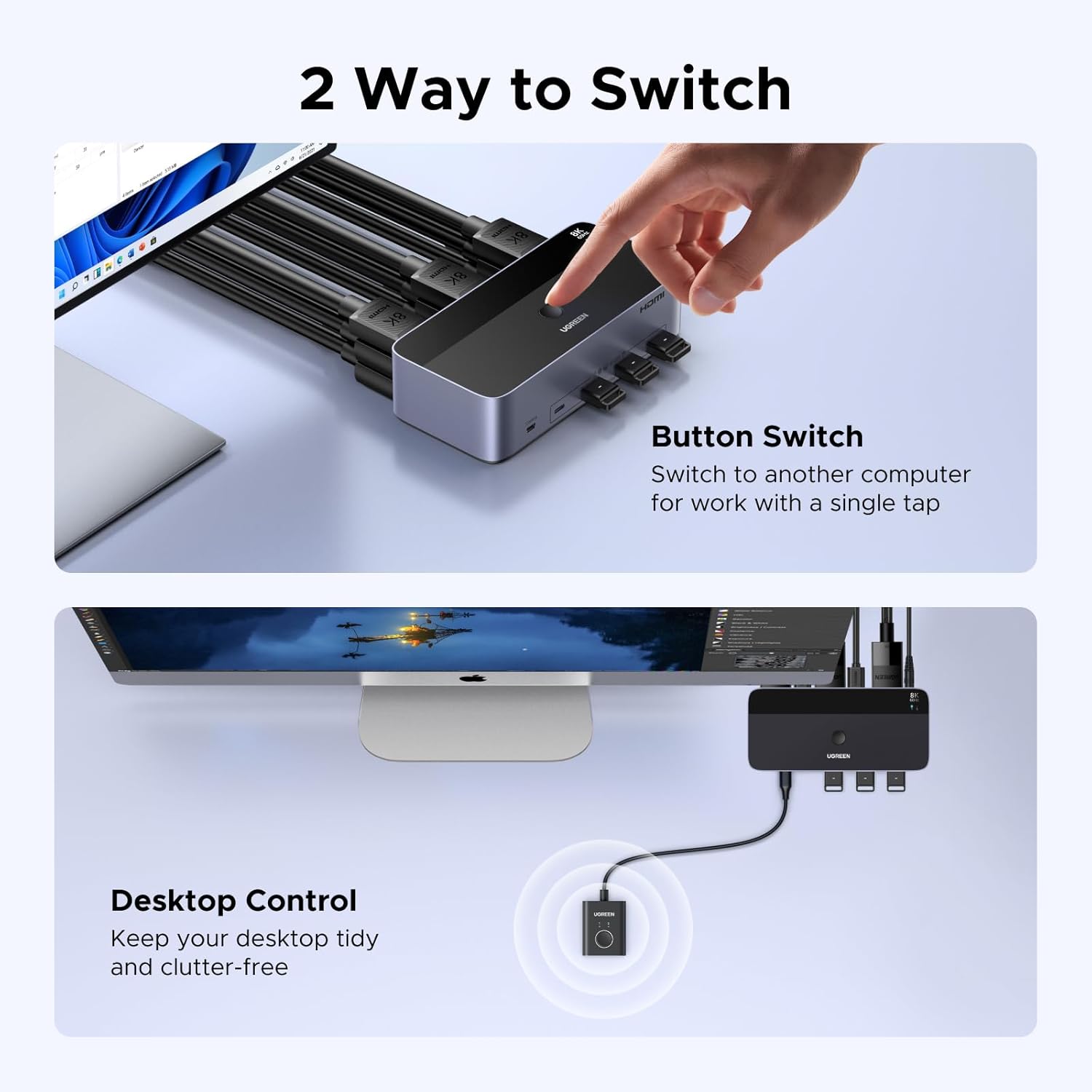 Thumbnail 6 de UGREEN Switch KVM HDMI+DP à 2 entrées et 3 sorties (8K 60 Hz) double affichage