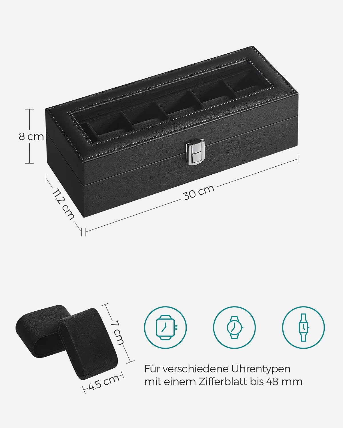 Detalle de SONGMICS Uhrenbox mit 6 Fächern und Glasdeckel – Sichtbarer Schmuck für Ihre Uhrensammlung