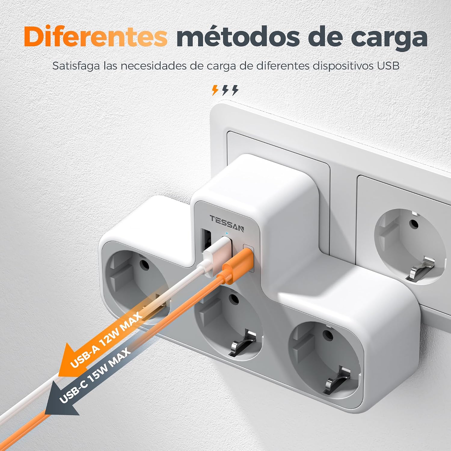 Detalle de TESSAN Ladron Enchufes Plano 6 en 1 con USB ⚡