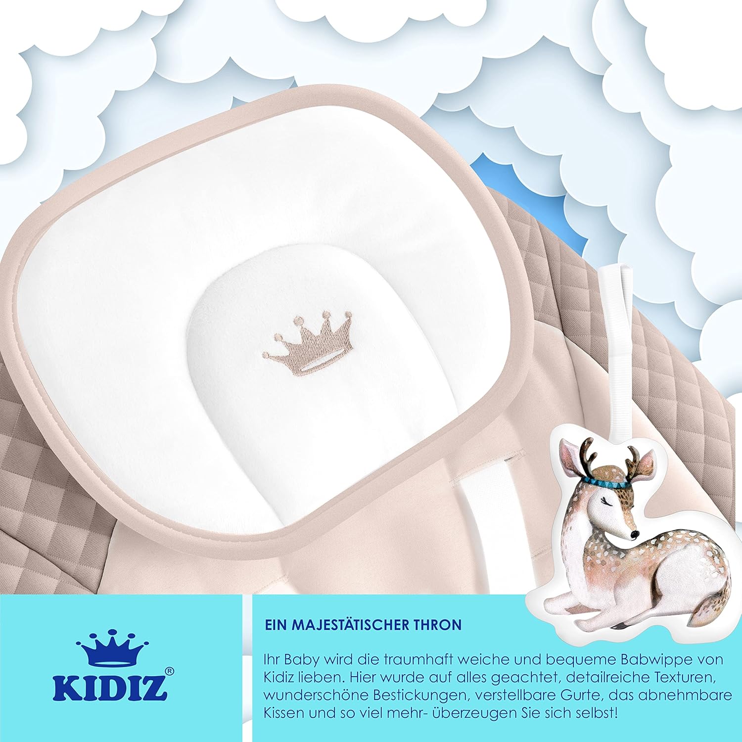 Detalle de KIDIZ® Babywippe Babyschaukel mit 5 Geschwindigkeiten – klappbar, inkl. Spielbogen und 5 Naturgeräuschen